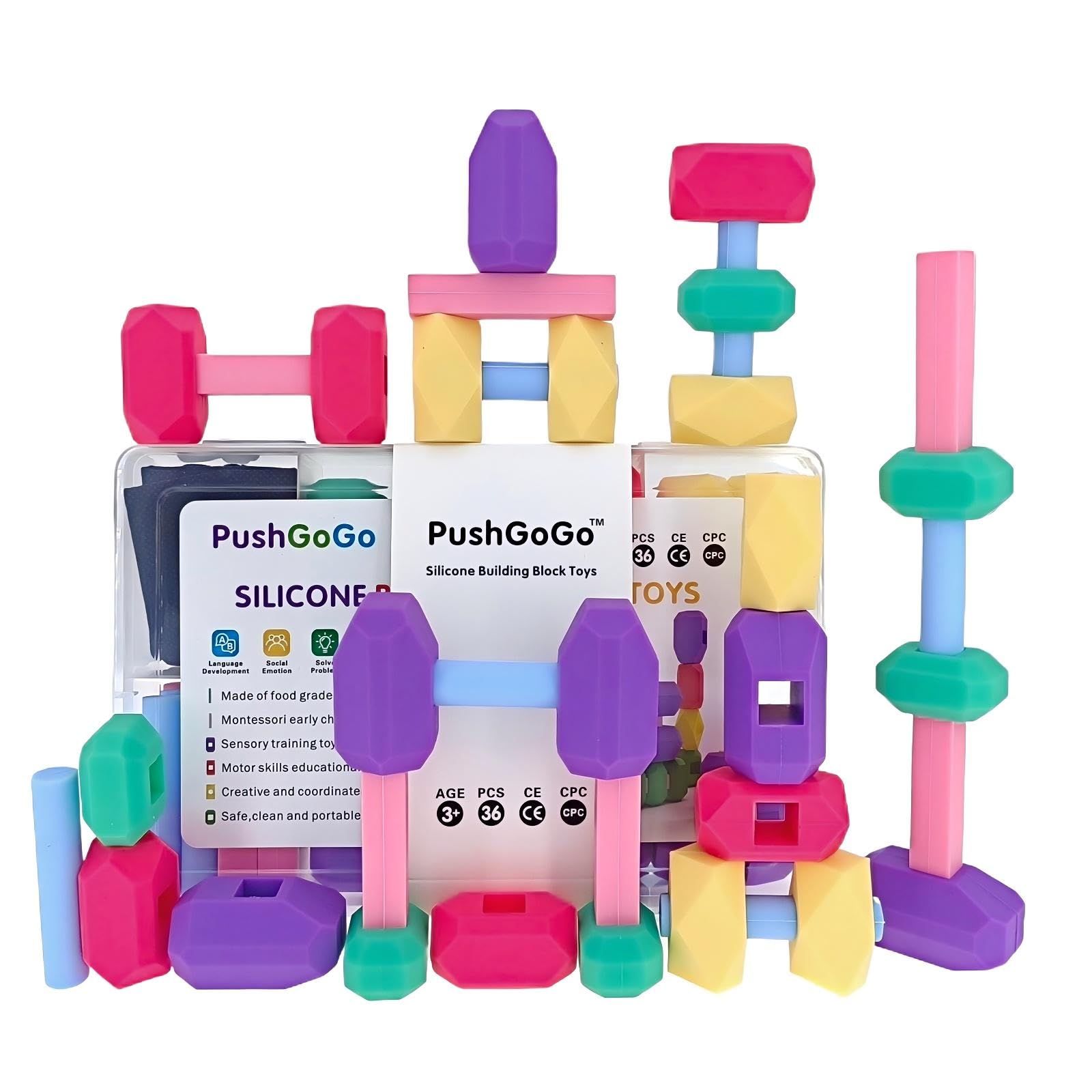 PushGoGo Kids Silicone Building Blocks, Age3+, 36PCS, Puzzle Senses, Stimulate Creativity, Imagination, Montessori Stacking Rocks Toys