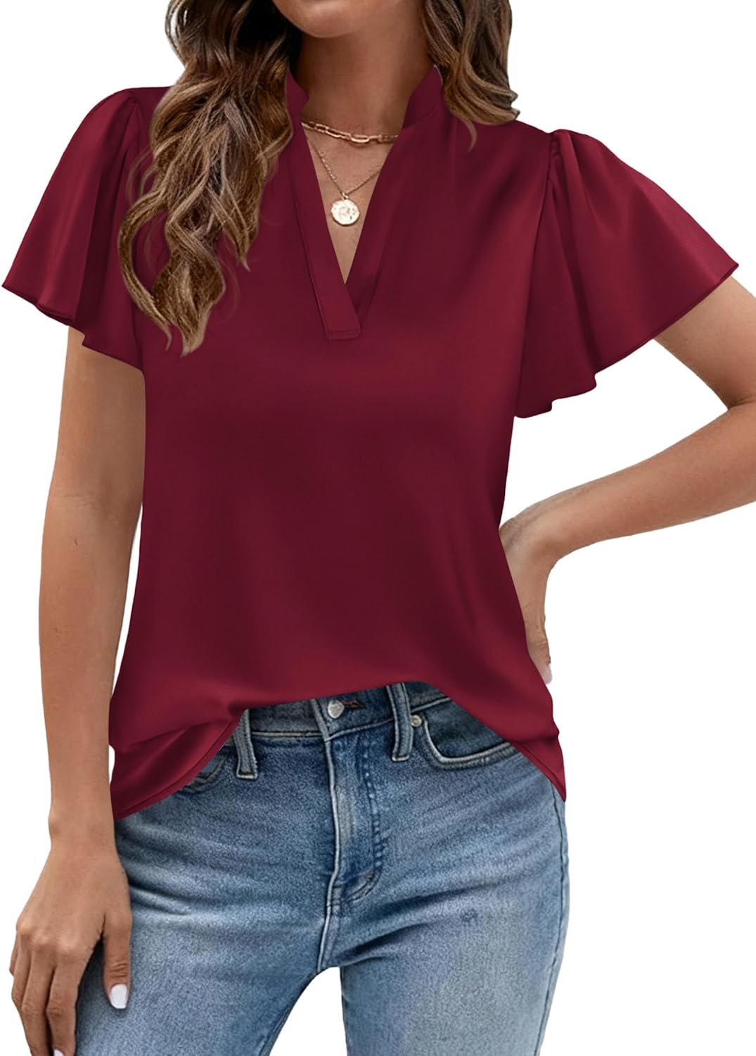 PRETTYGARDEN Women's 2026 Summer Satin Blouses Dressy Casual Ruffle Cap Sleeve V Neck Business Work Cute Tops Spring Outfits - Image 2
