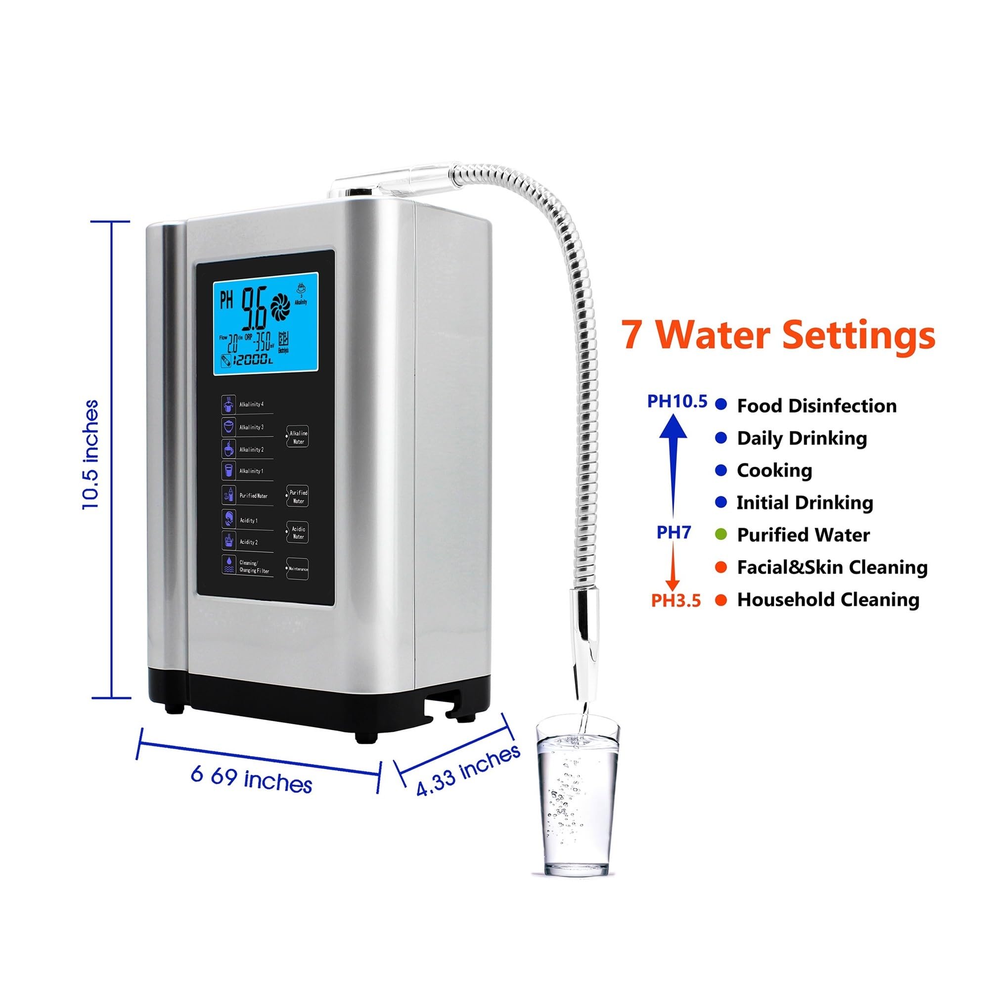 Filtro bajo fregadero, Purificador de máquina generadora de hidrógeno ionizador de agua alcalina, produce PH 3,5-10,5 de filtro de agua de ácido alcalino for el hogar(Blauw,5 Ti Pt plates)