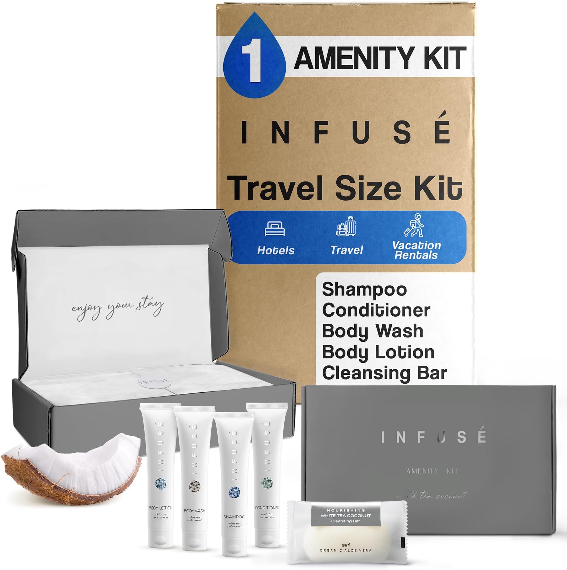 Infuse Amenity Kit | Hotel Bulk Toiletries | 1 oz Shampoo, Conditioner, Lotion, Body Wash, Cleansing Bar Soap for Guest Hospitality Vacation Rentals | 1 Set/Case