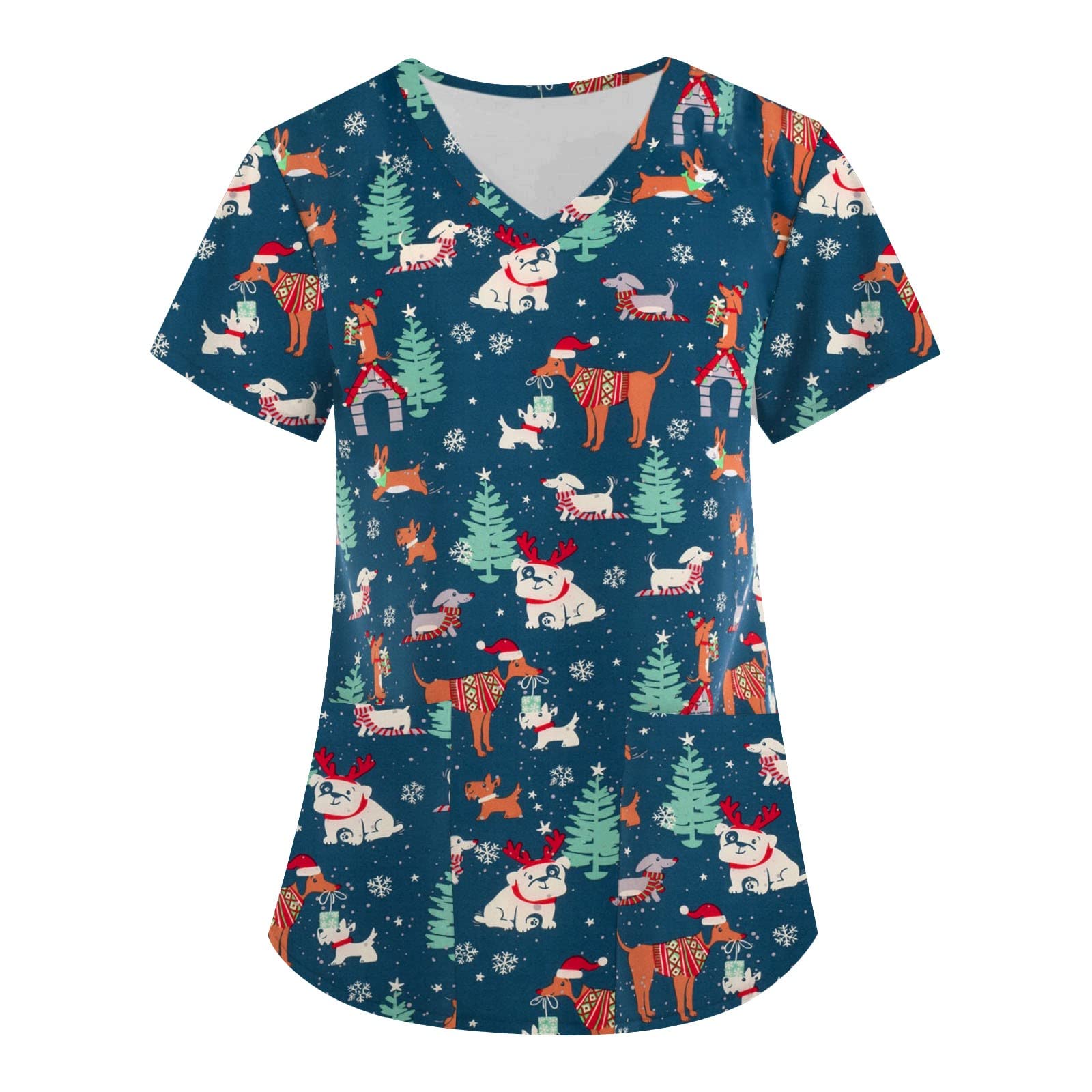 WDCHAOYUE Clubwear Xmas Cool Scrub Ladys A-Line Essential Short Sleeve with Pocket Loose Fit Thin V Neck Graphic Scrub Ladys 2024 Christmas