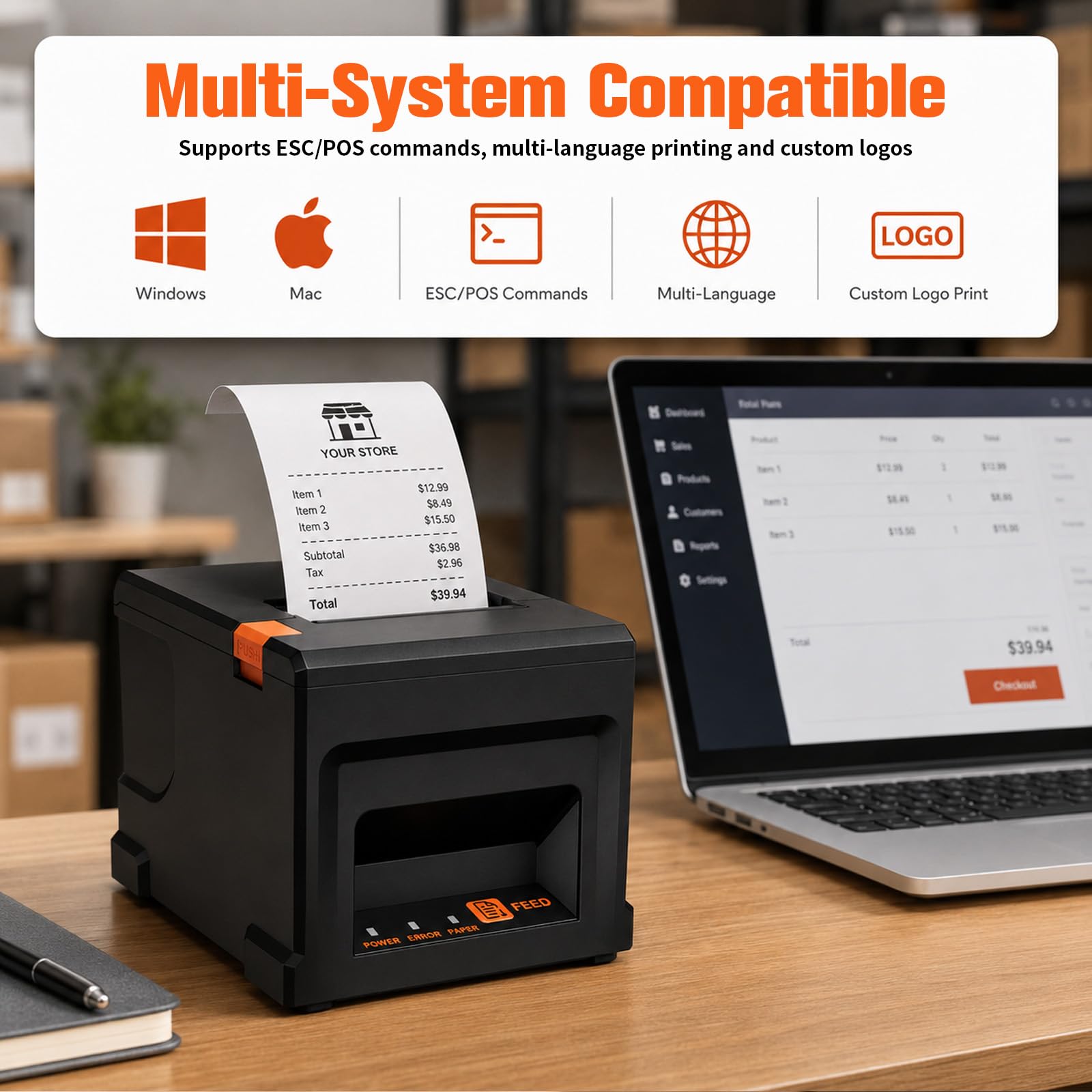 Drukarka termiczna 220 mm/s – drukarka bonów z automatyczną obcinarką do papieru, USB, bezgłośna i cicha praca, do systemu Windows/Mac, w zestawie 5 rolek papieru termicznego 80 mm, do handlu