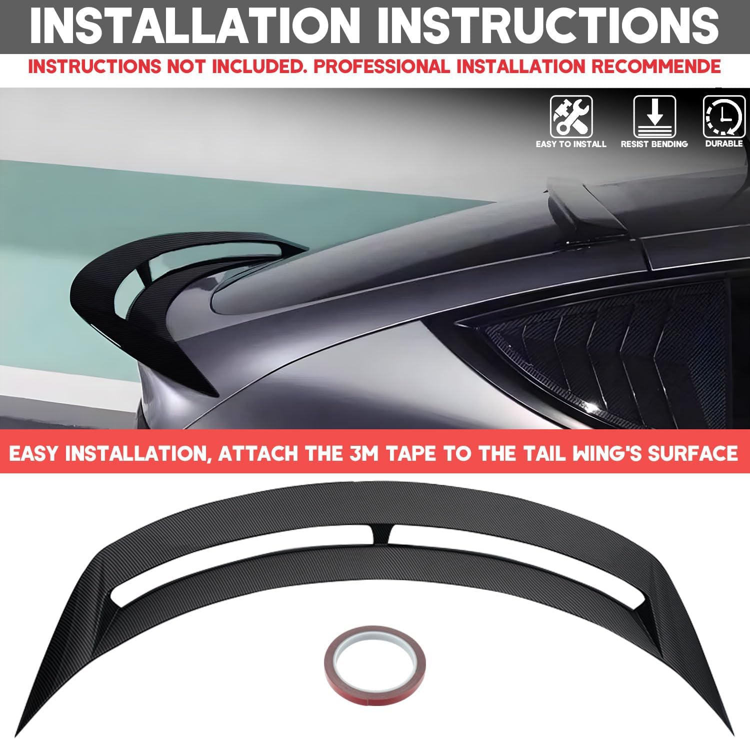 Rear Spoiler for 2020-2024 Tesla Model Y, High Performance GT Style ABS Rear Trunk Wing 3M Tape No Drill Top Back Spoiler Tesla Model Y Body Kit Exterior Accessories (Matte Carbon Fiber)