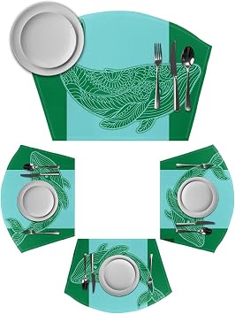 Green Whale Round Table Placemats Set of 6 Wedge Placemats, Mandalas Boho Modern Abstract Aqua Stripe Place Mats for Dining Table Set Washable Mats Kitchen Decor for Indoor Outdoor Wipe Clean