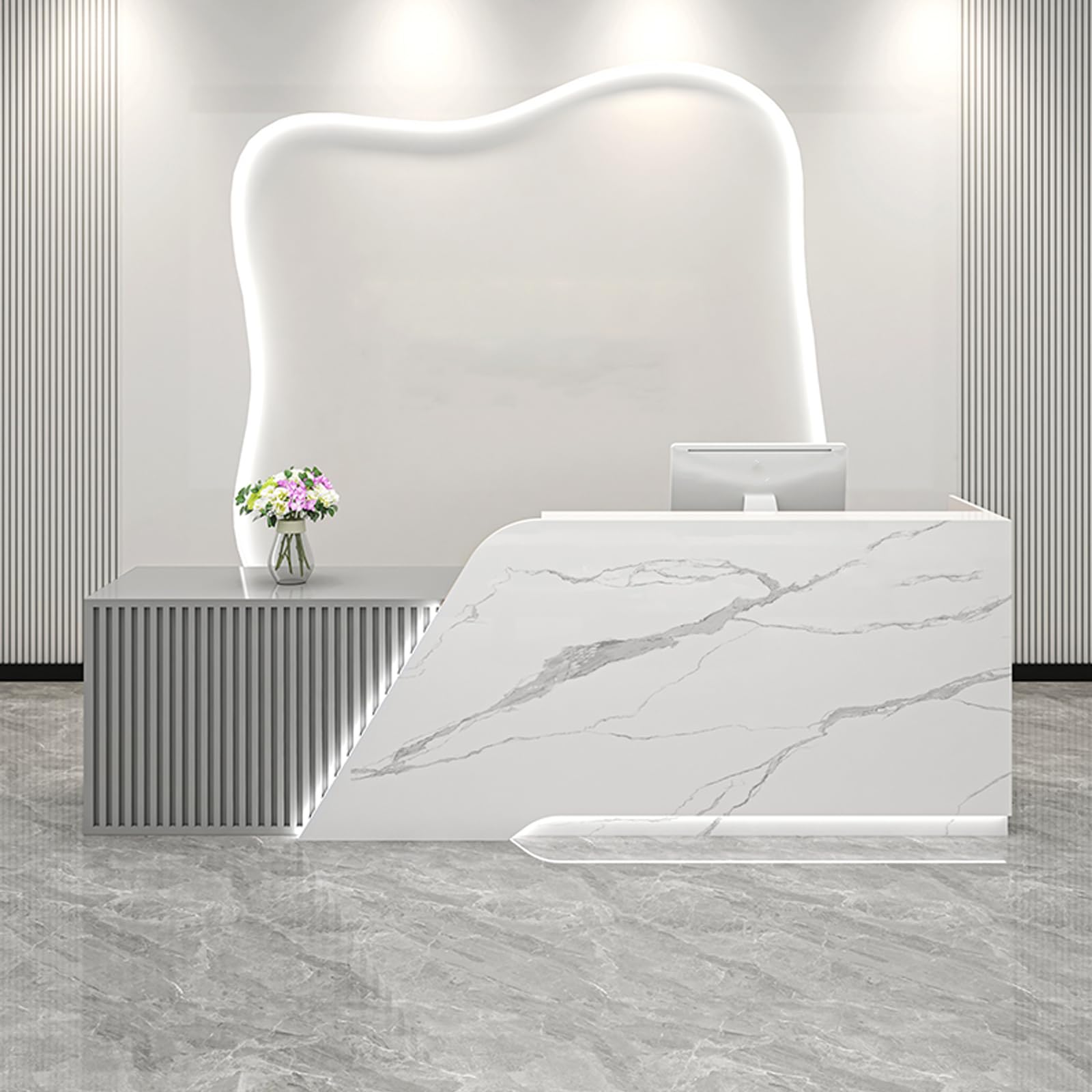 Modern Salon Front Reception Desk with Led Light, Lockable Drawer, Reception Desk with Counter, Retail Checkout Sturdy for Office, Shop, Easy to Install (Gray (Left), 150x60x100cm)