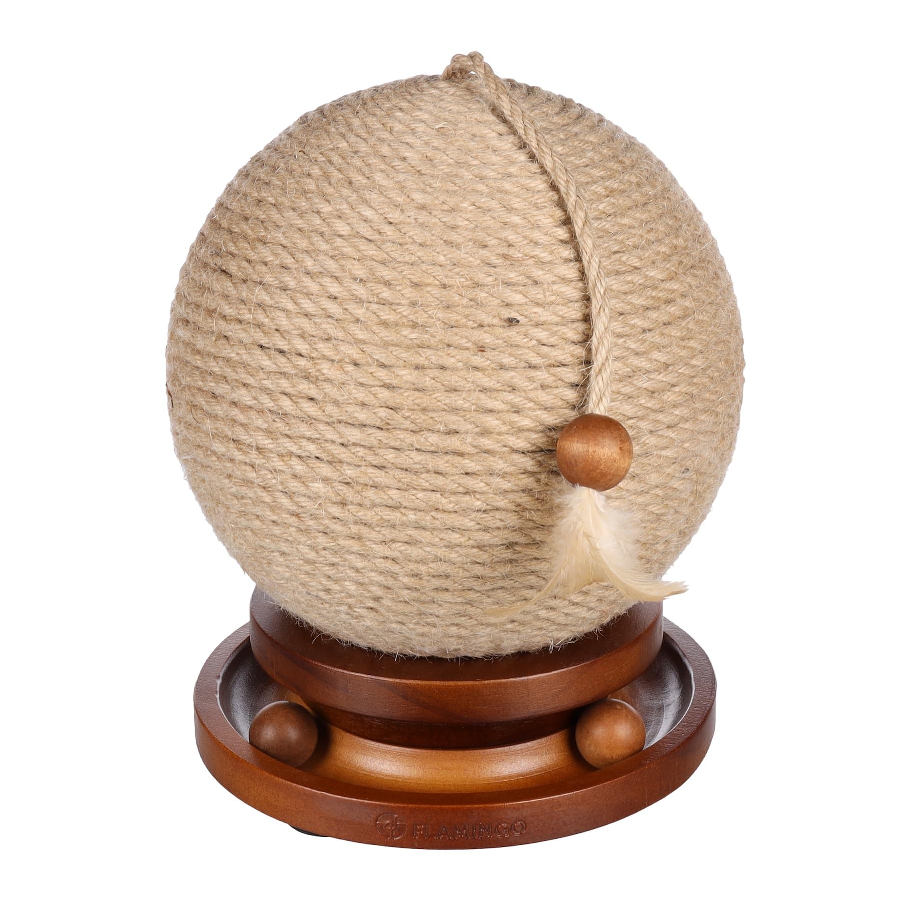 Balle à Griffer pour Chat Isabella en Jute avec Circuit à Balles et Plume, Bois de Pin, Brun, 21 x 25 cm