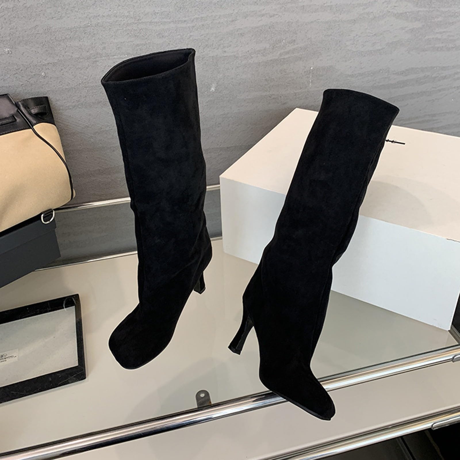 Botas de mujer con puntera ancha, botas altas por encima de la rodilla, antideslizantes, parte superior impermeable, botas altas con tacón ligero, botas de montar para mujer, duraderas, para