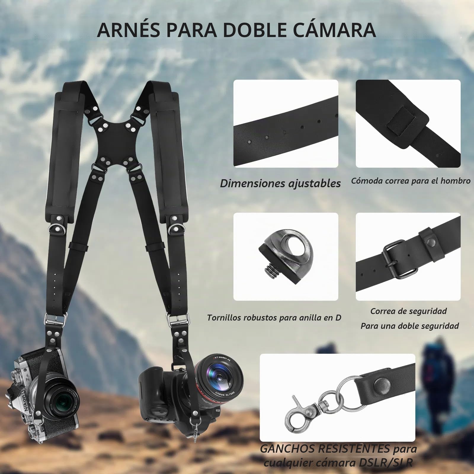 Correa de Piel para 2 Cámaras DSLR/SLR con Doble Hombro Ajustable, Negro