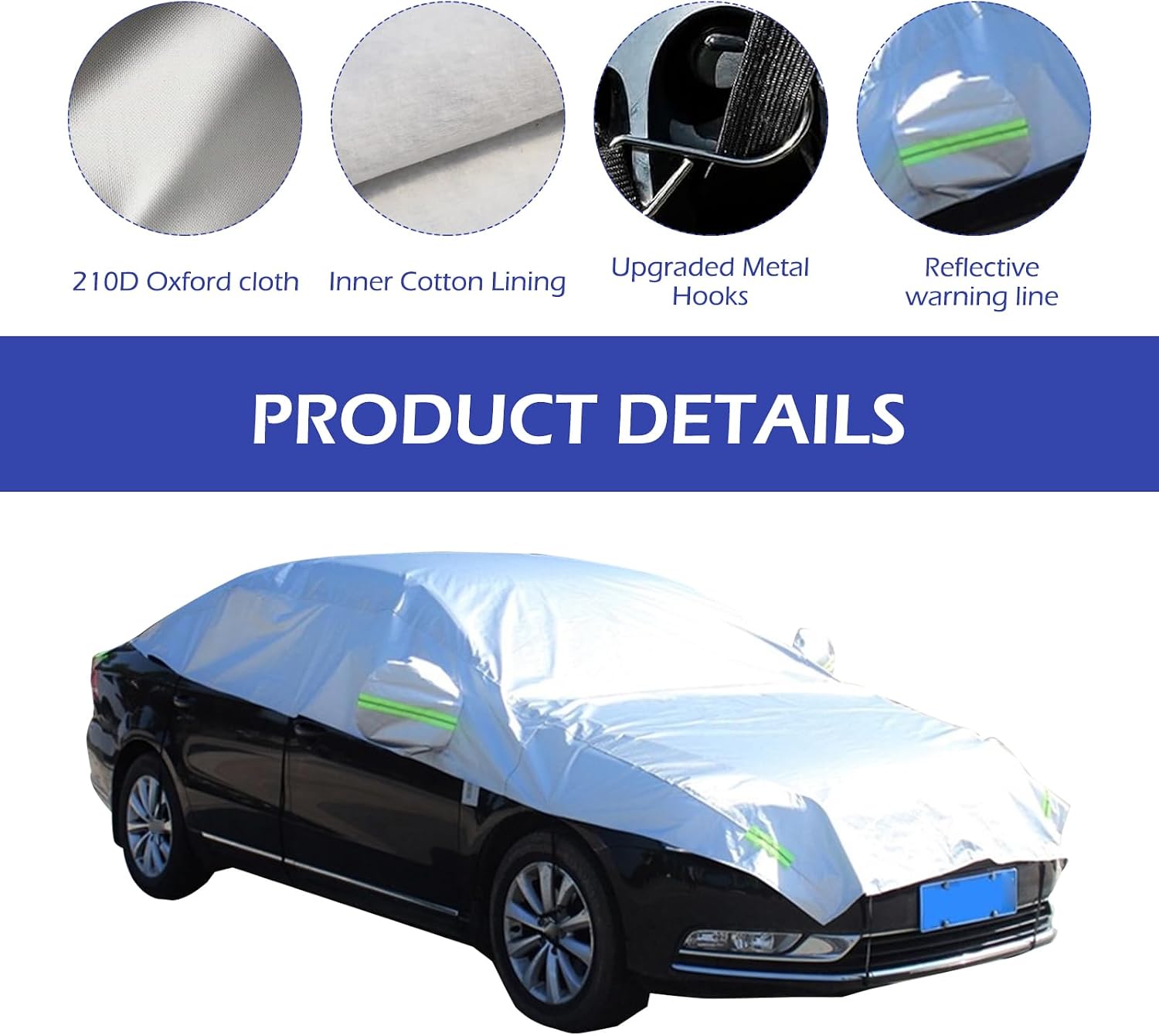 Half Car Cover Top, Windshield & Sunroof Protector, UV, Rain, Vehicle Cover with Fixed Hooks to Prevent Rain Snow Debris, Waterproof All Weather Protection, Fit Sedan Universal Length(Silver)