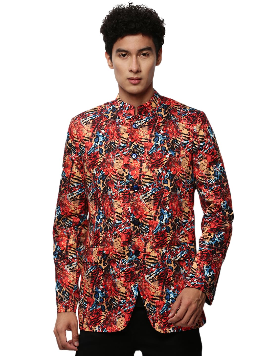 showoffff Men's Mandarin Collar Printed Coral Bandhgala Blazer-SOBLZ-083-3_Coral-picture-10