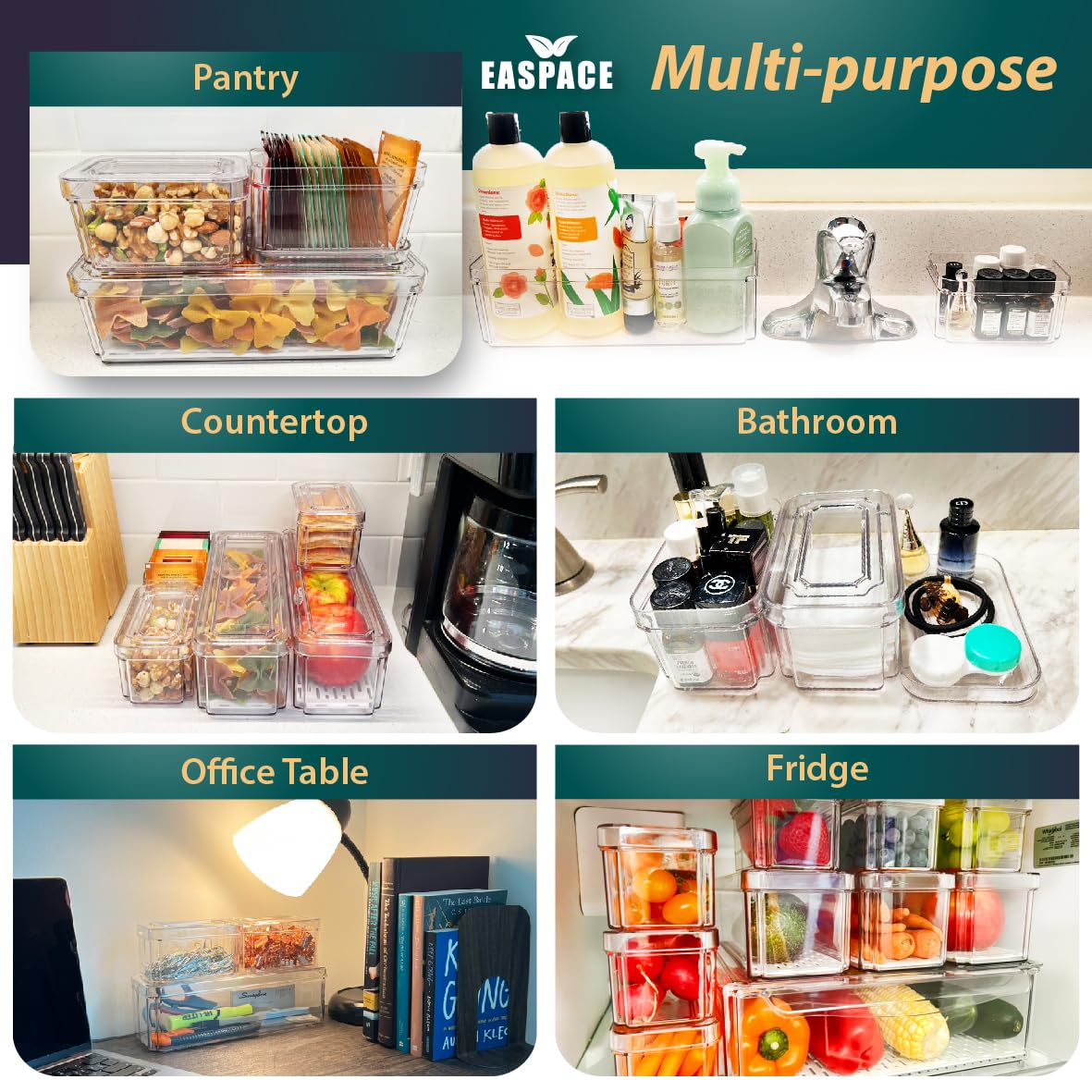 Paquete de 10 contenedores organizadores transparentes para refrigerador con tapas y agujeros de drenaje, juego de recipientes apilables, recipientes de almacenamiento de plástico sin BPA para