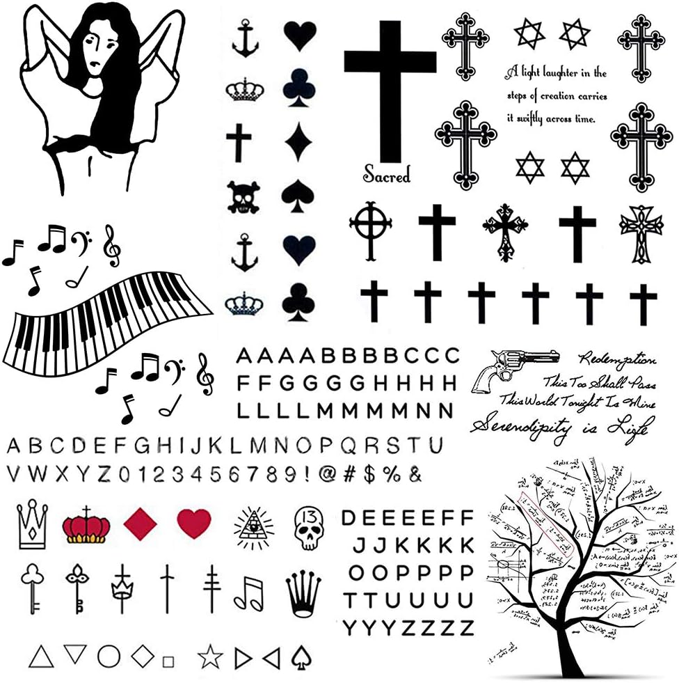 CARGEN Minimalist Realistic Temporary Tattoos - 2 Sheets 160+ PCS Alphabet Letter Literature Script Cross Crown Temporary Tattoos Fake Tattoos Great for Adults Women Men Kids on Fingers