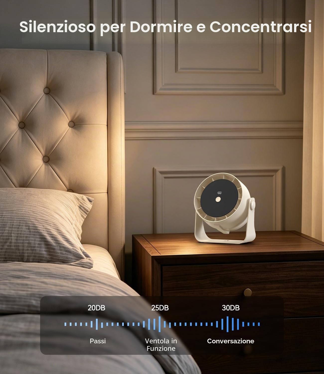 Ventilatore da Tavolo Portatile 4000mAh, 1-100 Velocità con LED Display, Silenzioso 30dB, 360° Regolabile, USB Type-C Ricaricabile – Per Ufficio, Camera, Campeggio, Sospendibile (Beige)