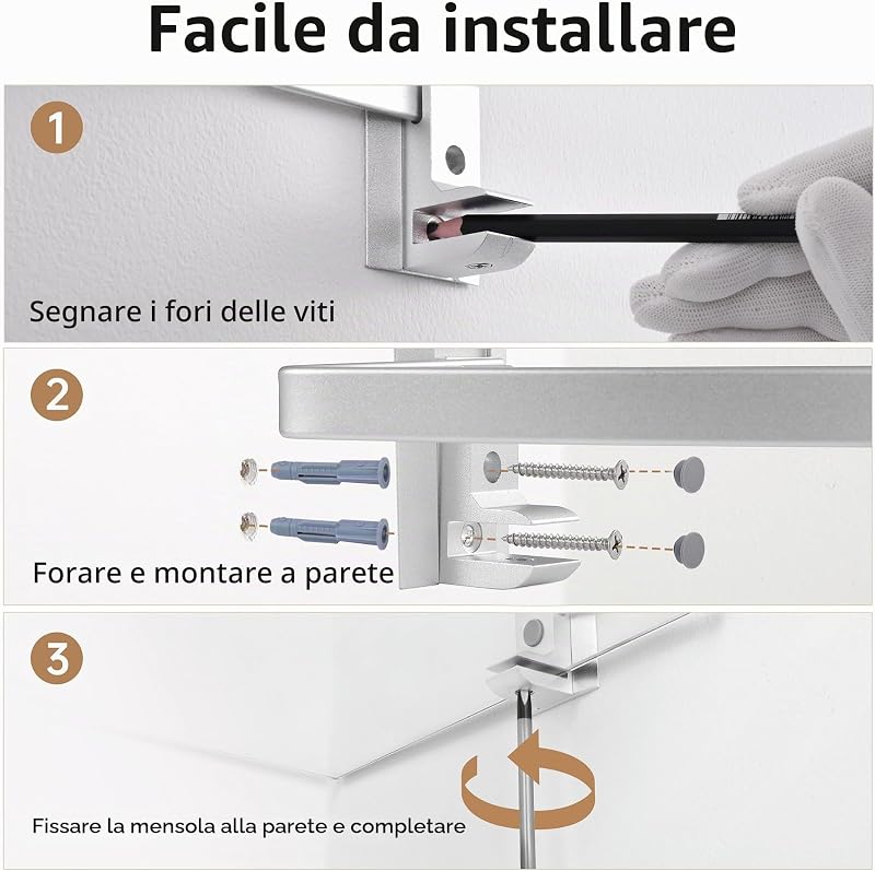 Raft de colț din sticlă KES A4120A-P2 pentru duș și baie, cu bară de fixare din aluminiu și sticlă securizată extra groasă, argintiu, 2 bucăți