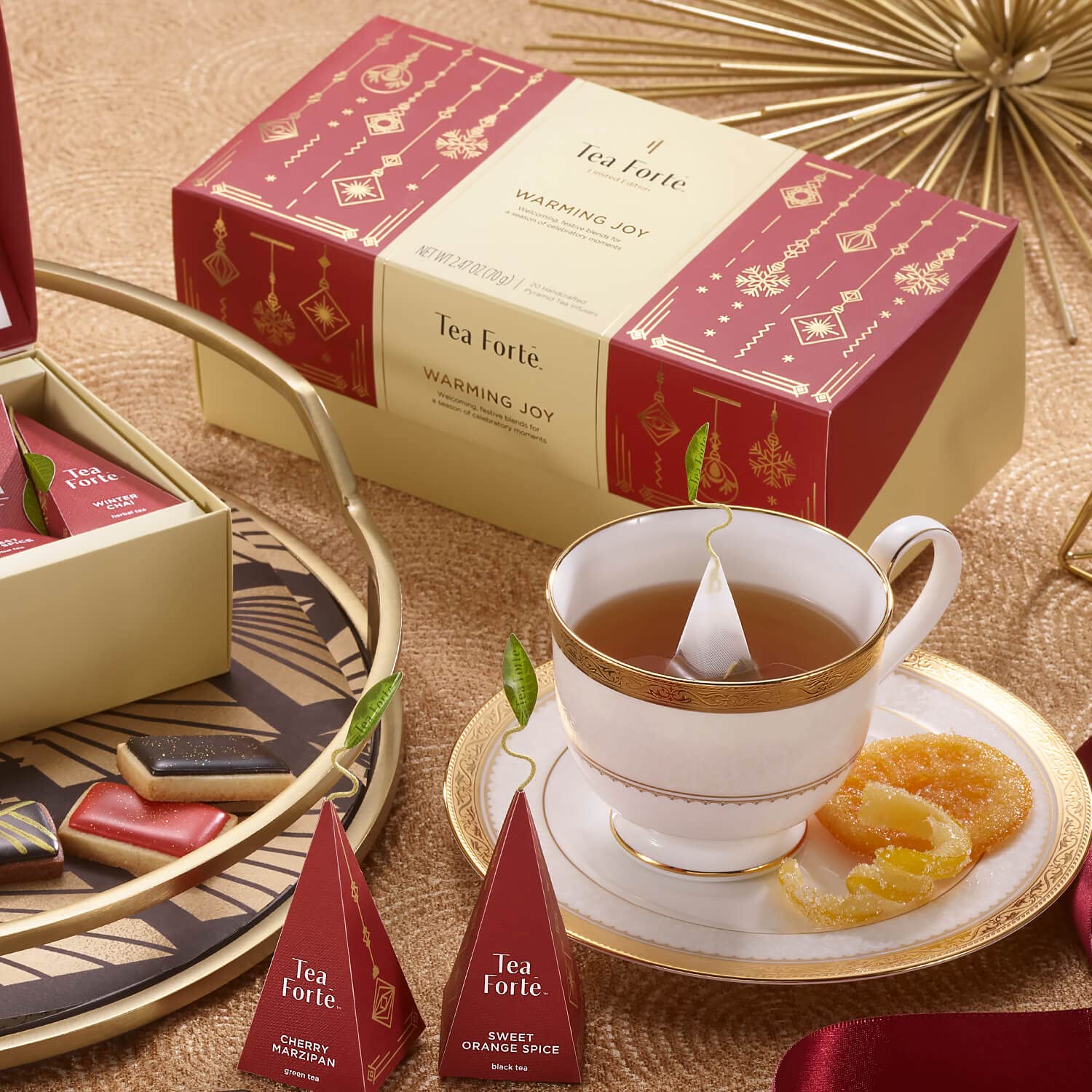 Tea Forte Warming Joy Tea Bags Gift Set, Holiday Spice Tea Sampler with 20 Pyramid Tea Influsers in Festive Presentation Gift Box, Organic Tea Bags Variety Pack