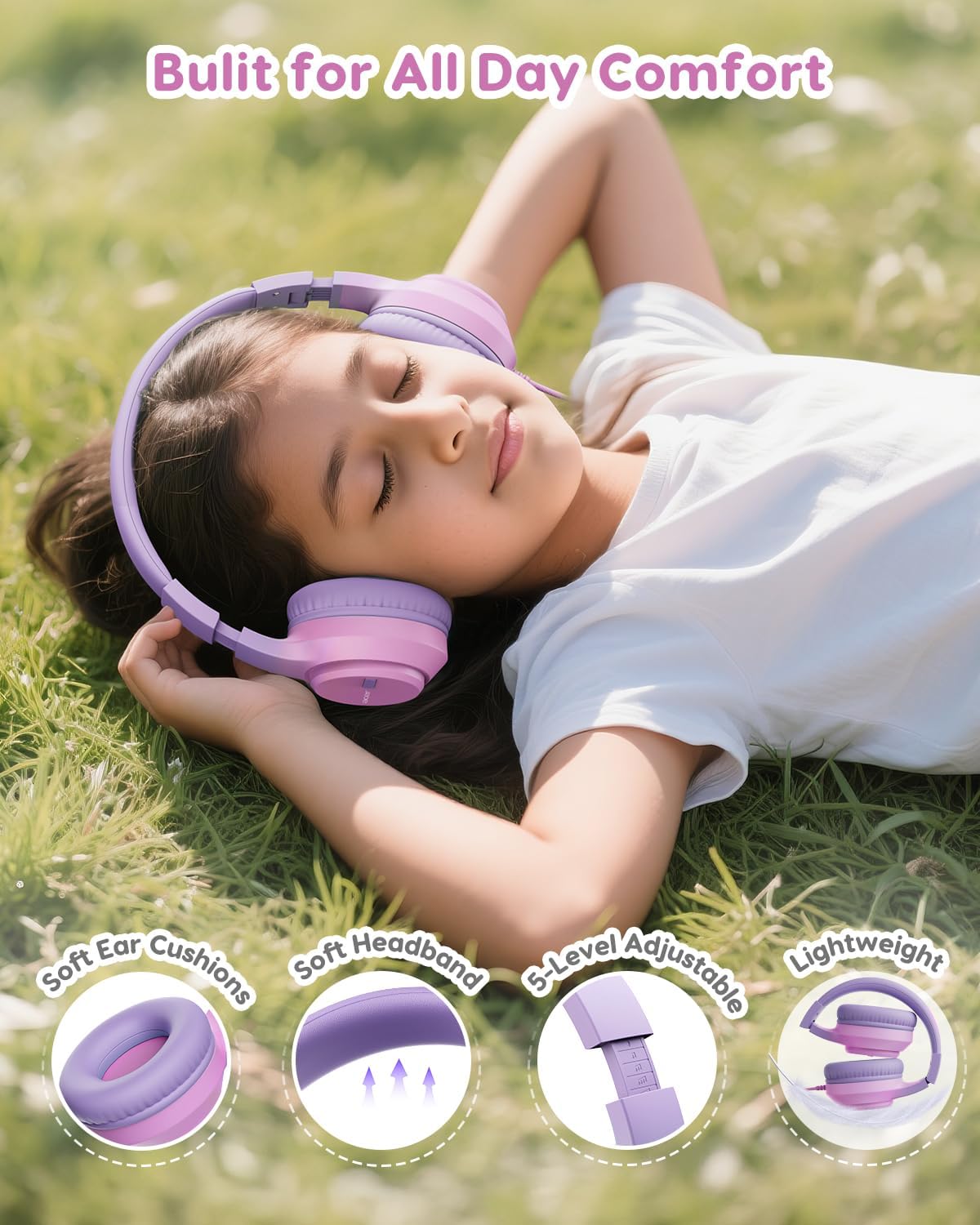 Acer Kids Headphones, 74/85/94dB Volume Limiter, Foldable Wired Over Ear Headphones for Travel, 3.5mm Jack, Toddler Headphones for School, iPad, Chromebook, Tablet, Pink Purple