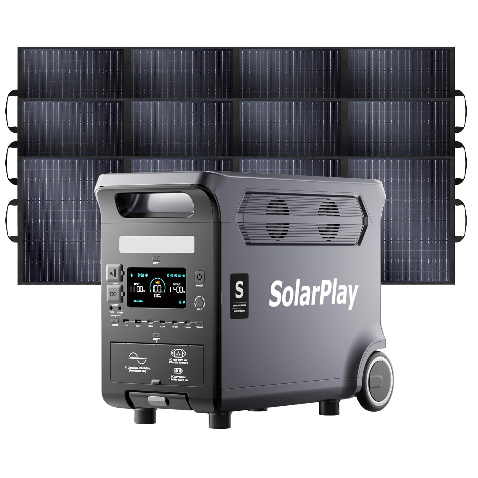 SolarPlay Q3600 Generatore Solare 3840Wh con 3x400W Pannelli Solari (1200W), Power Station 3600W (7200W Picco) LiFePO4, Ricarica Rapida 1.5h, Kit Backup Casa per Blackout, Camper e Outdoor