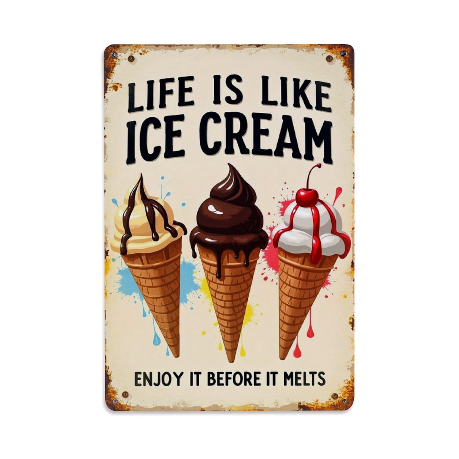 Jdfenggu Vintage Ice Cream Cones With Chocolate And Cherry Retro Metal Tin Sign, Decor Art Poster For Bar, Home, Man Cave, Kitchen, Laundry Room Gift 8X12inch