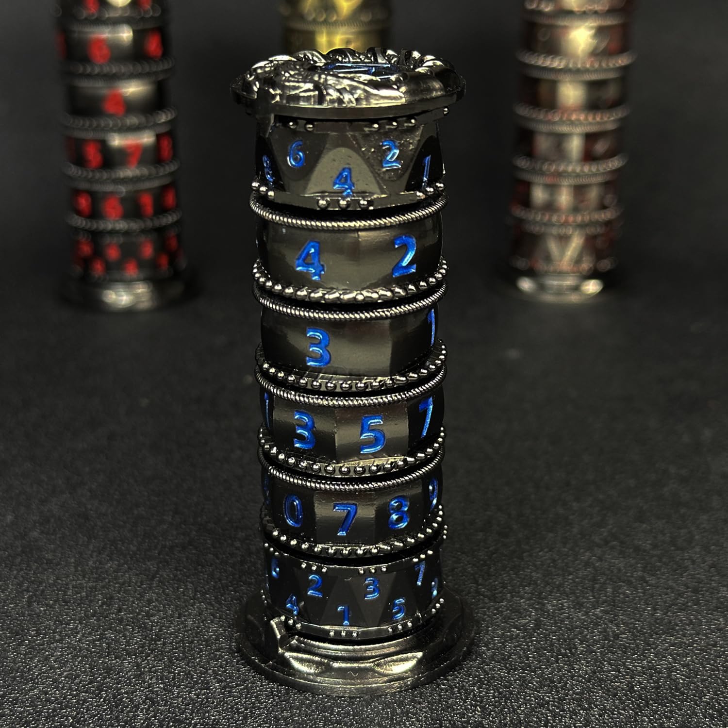 HAOMEJA Pagoda 7 in 1 DND Set, Metal Roulette with Dragon Eye Bag, RPG Gaming Dice - Black & Blue