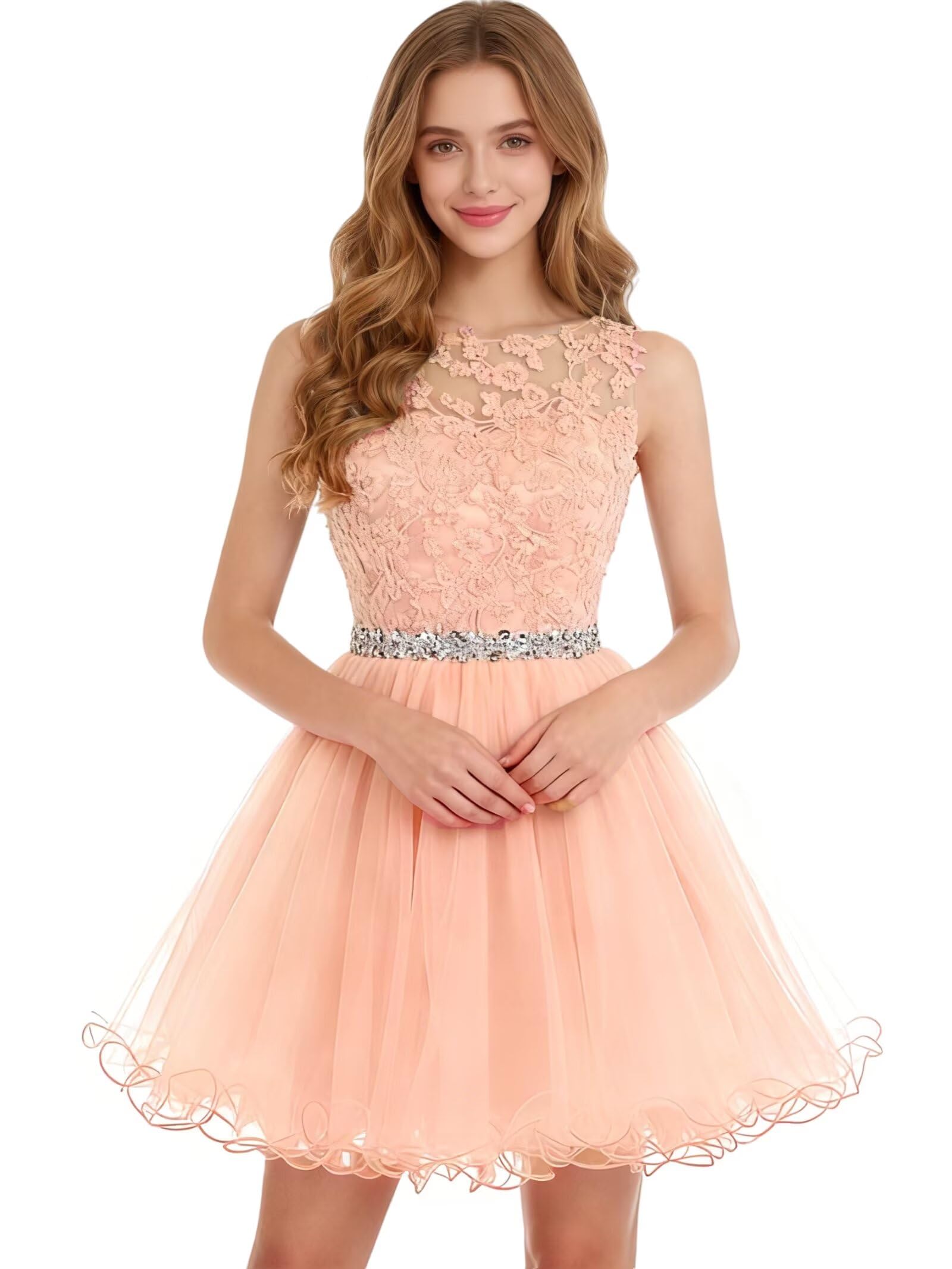 Dydsz Womens Scoop Appliques Homecoming Dress Short Cocktail Party Gown