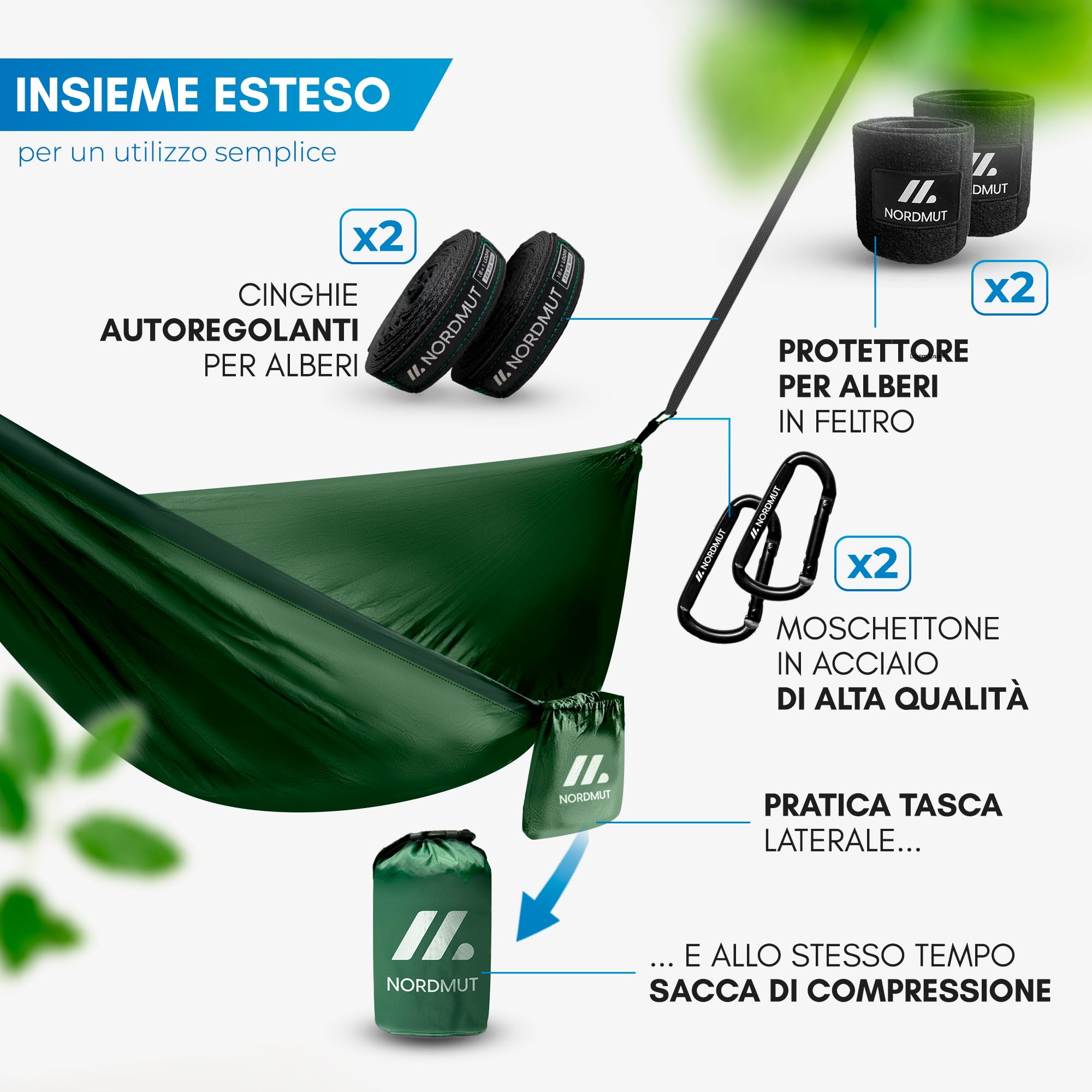 NORDMUT Amaca Ultralight Outdoor Set di Fissaggio – Amaca da Campeggio con Protezione Alberi – Portata 300 kg Verde 140x275 cm