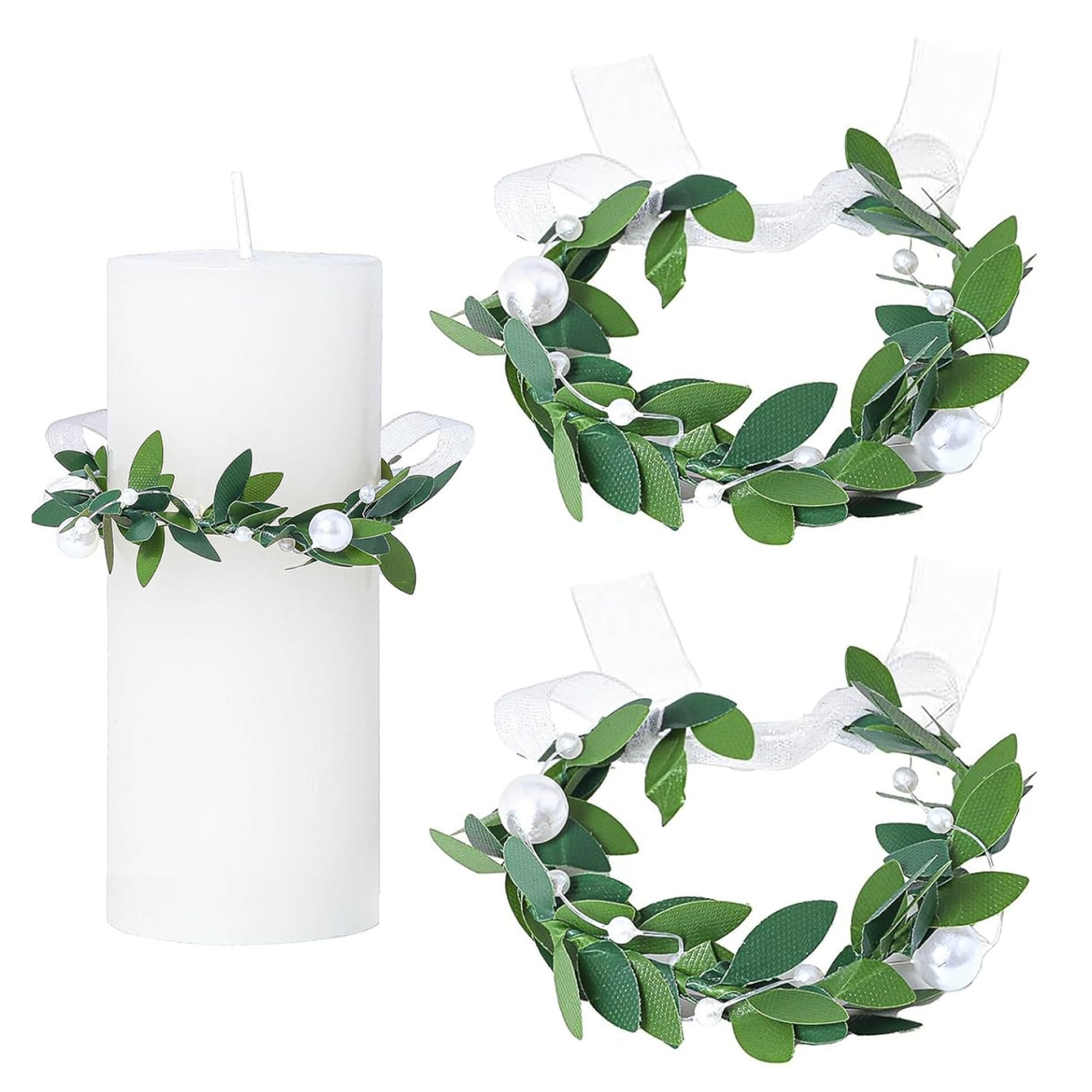 2 Pack Candle Wreath Rings Elegant Drip Catcher Guard for 4-5cm Candles Artificial Greenery & Pearl Decor for Weddings Communion Baptism Candle Wreath, Drip Catcher, Guard, Cand