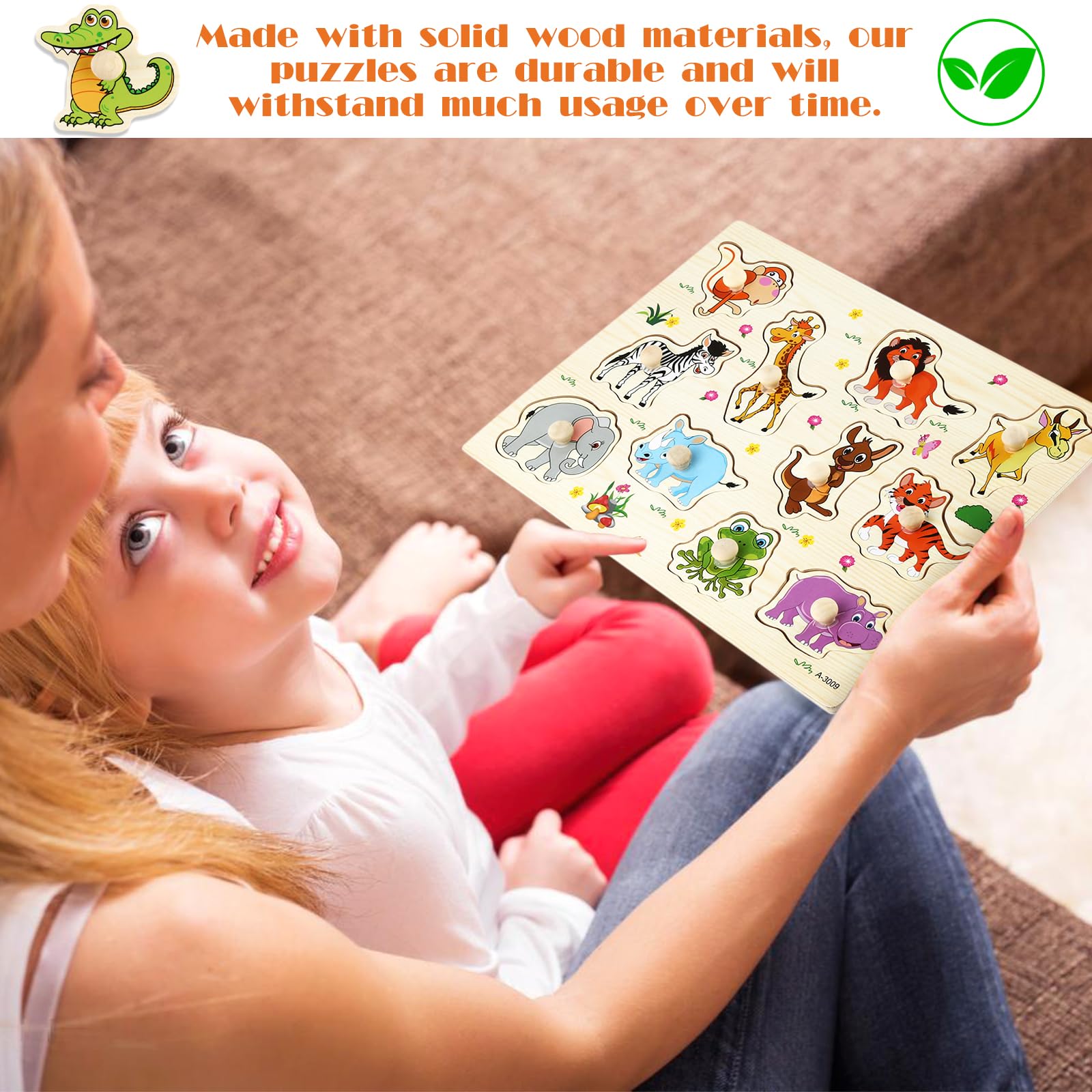 Zestaw 2 drewnianych puzzli 1 rok, drewniane puzzle wtykane od 1 roku ze zwierzętami z dżungli, zabawka z chwytaniem, idealne puzzle dla dzieci od 1 roku życia, dla chłopców i dziewczynek, prezent
