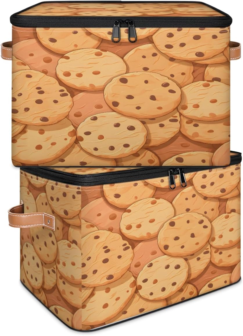 Storage Bin Set of 2 Cookies Storage Basket with Zipper Lid & Handle Foldable Closet Shelf 2 Pack Cloth Organizer Basket Cube Bins Clothes Organizer for Bedroom, Nursery