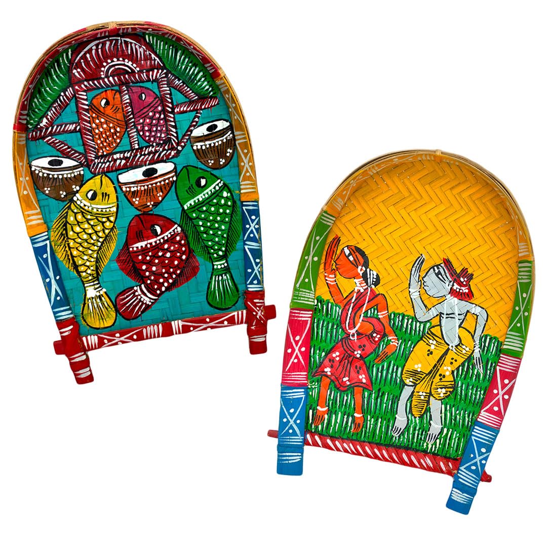 Hand-Painted Bamboo Soop Sup Moram Kulo Set Wall & Tabletop Decor Set | Bengal Patachitra Tribal Art | Handmade Indian Folk Art Basket-image-5