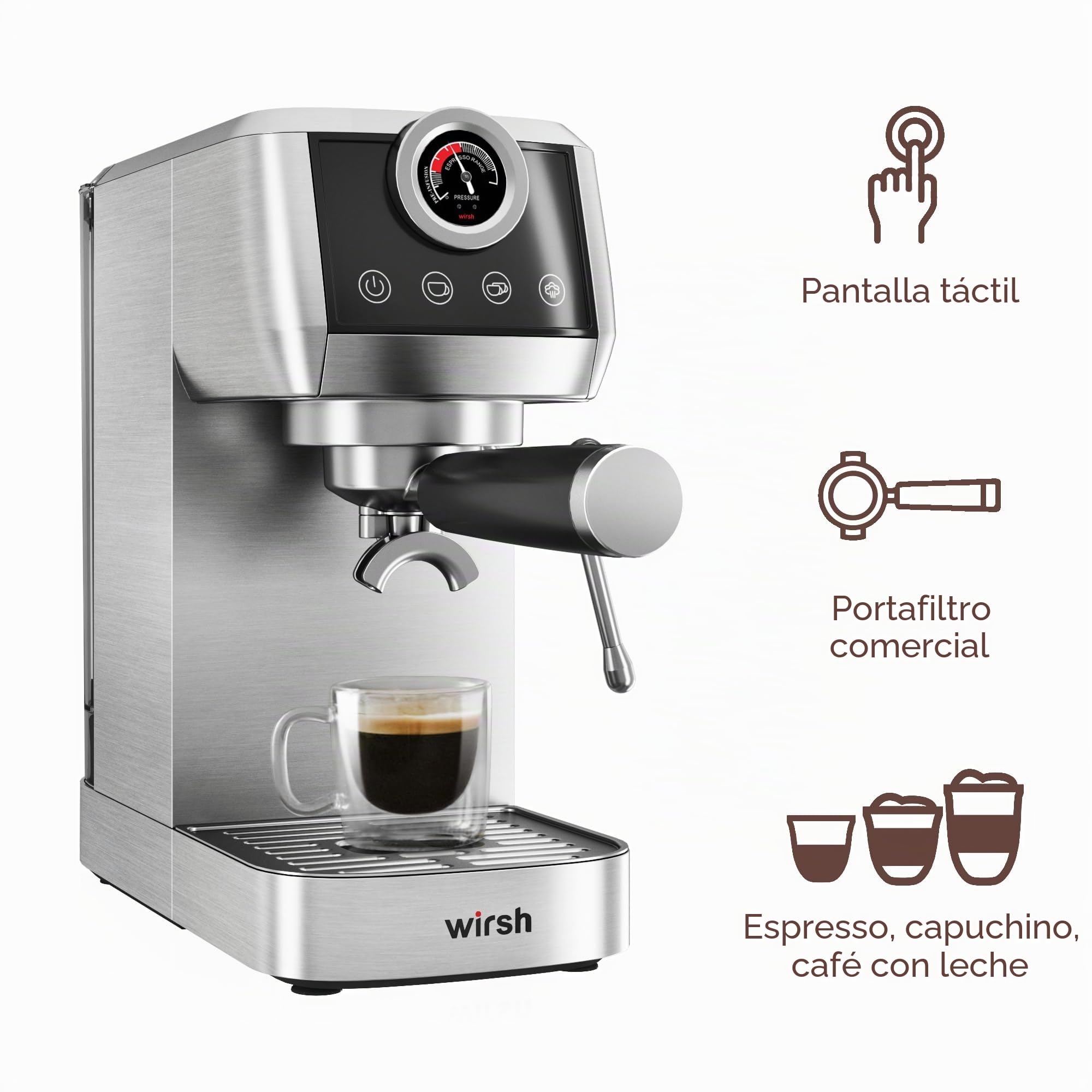 wirsh Máquina de expreso, cafetera espresso de 15 bares con vaporizador comercial para café con leche y capuchino, cafetera espresso con tanque de agua extraíble de 40 onzas, acero inoxidable completo