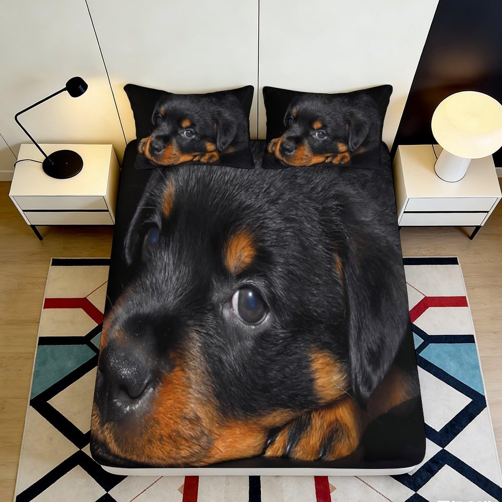 3D Printed Rottweiler Puppy Fitted Sheet Microfiber Soft Durable Black Brown Dog Bed Cover for Bedroom Dormitory Guest Room Mattress Protection 90x200x25cm