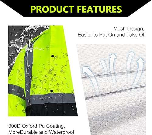 Miniatura 4 de FONIRRA Traje de lluvia de alta visibilidad Clase 3 con capucha plegable Cal Reflectante Seguridad Impermeable Trabajador Chaqueta y Pantalones,