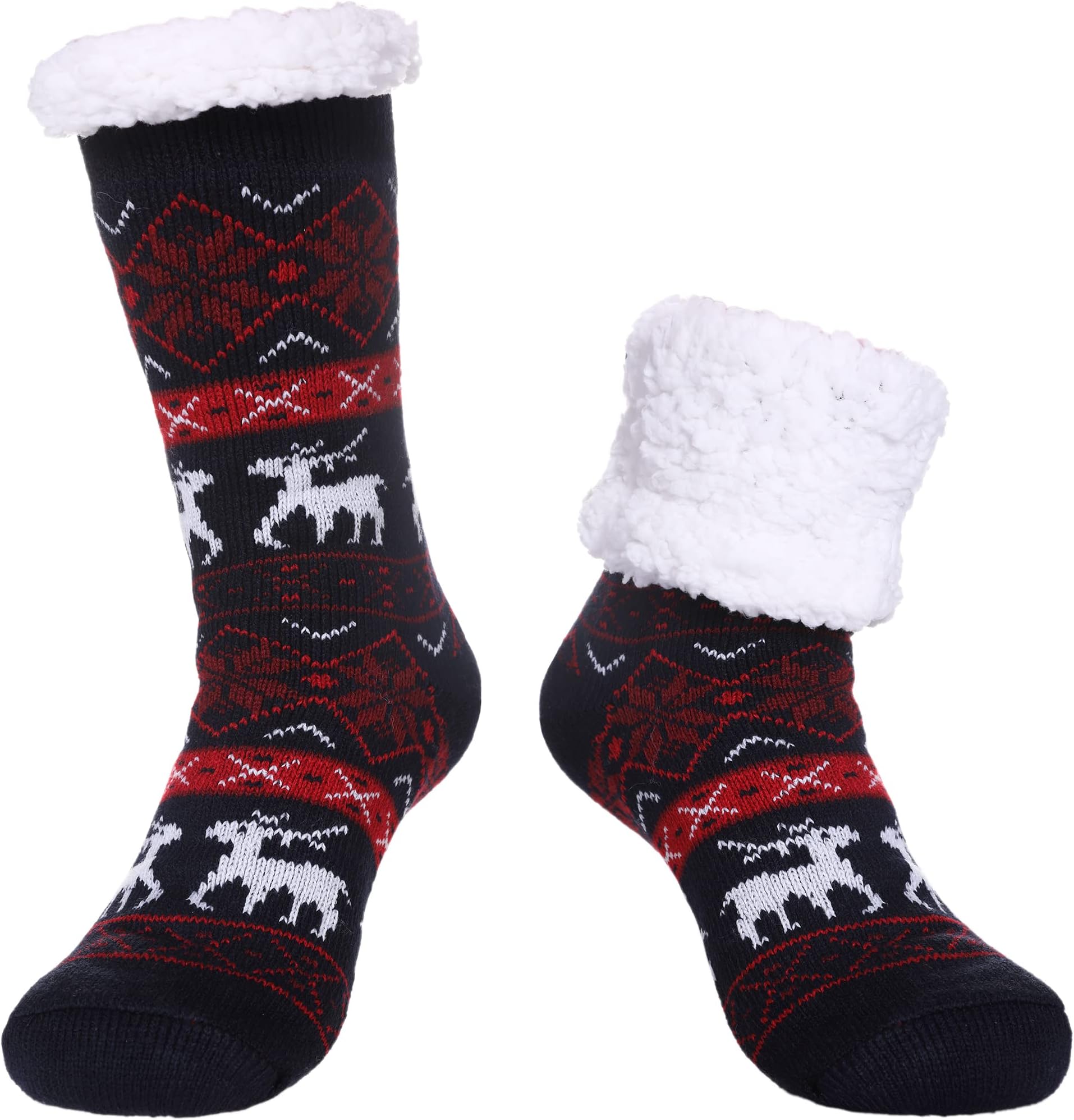 SDBINGWomen's Slipper Socks with Grippers Soft Cozy Fleece Lined Socks Winter Warm Fuzzy Non Slip Socks for Women (Black&Red)