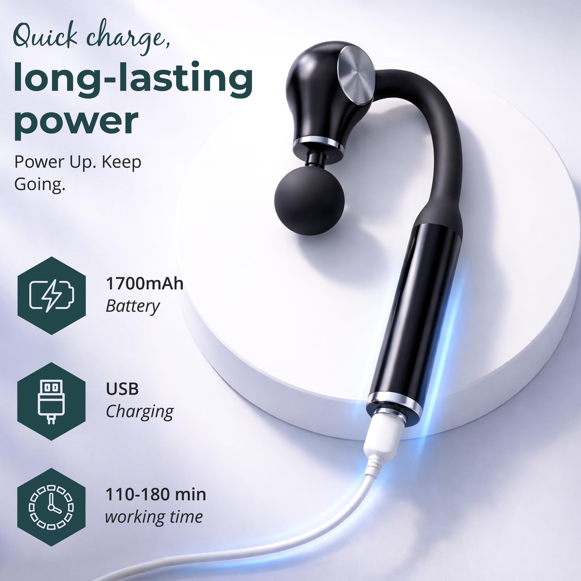 Martillo de masaje curvo, masajeador de mano recargable para tejido profundo, masajeador corporal eléctrico inalámbrico con temporizador de 15 minutos, diseño de ABS y silicona para aliviar el