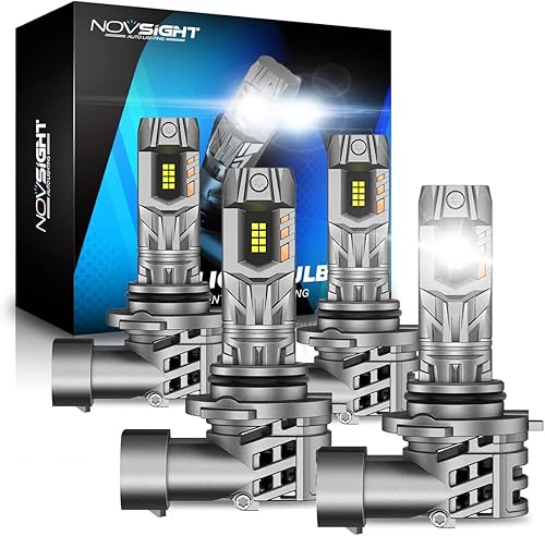 NOVSIGHT 9005 9006 Bulbs - 500% Upgraded Brighter 6500K 90W Cool White Light Bulbs, 1:1 Size Design with Cooling Fan, IP68 Waterproof, Plug and Play, HB3 HB4 Fog Lights, Pack Of 4
