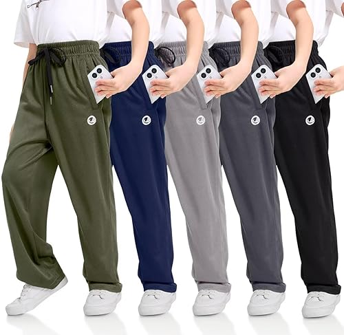 OCYMA Boys Sweatpants with Zip Pockets 5Pack Athletic Pants Mesh Joggers for Boys 5-24