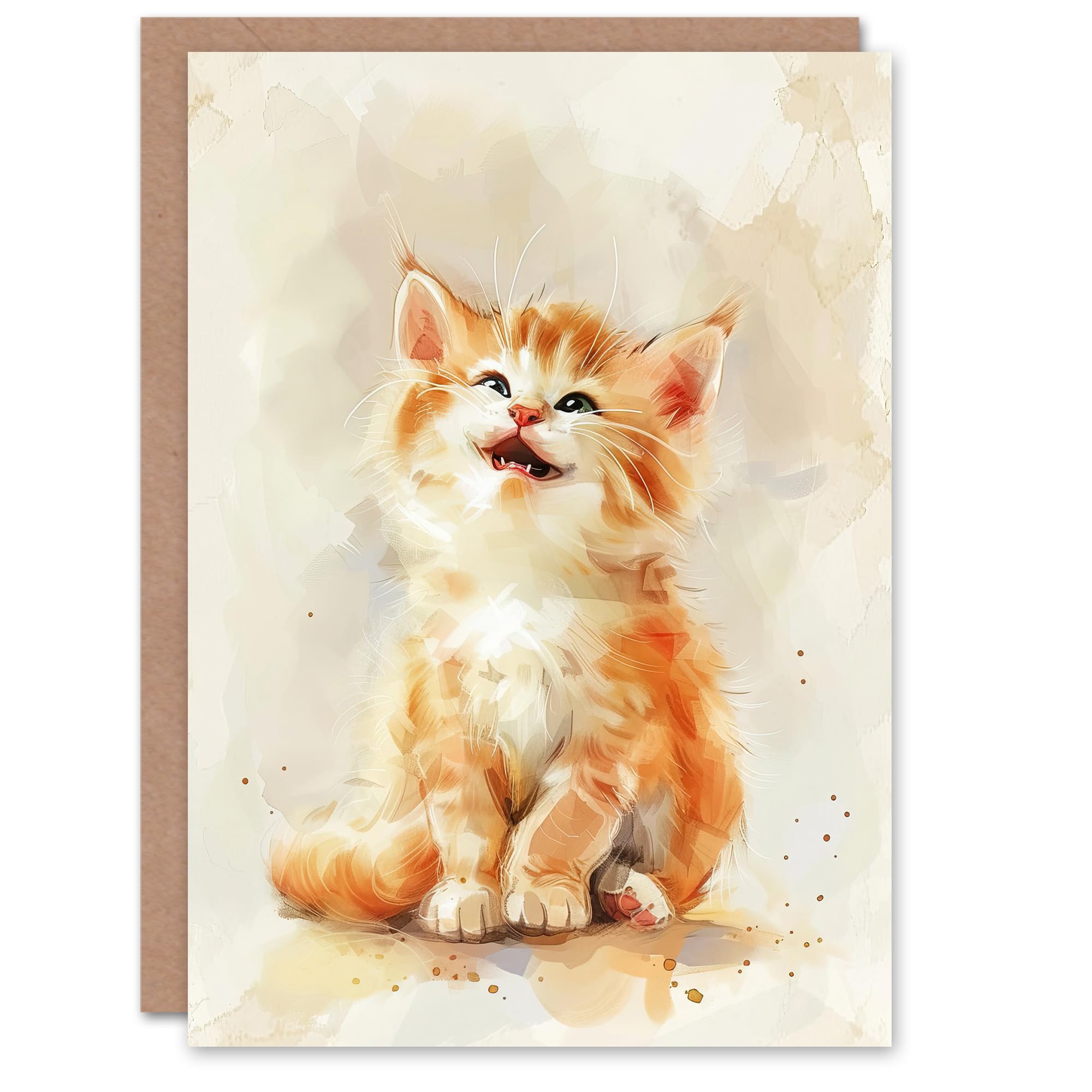 Artery8 Greeting Card Cute Happy Fluffy Ragdoll Kitten Orange Cat Lover Blank For Him Or Her Art Birthday Card