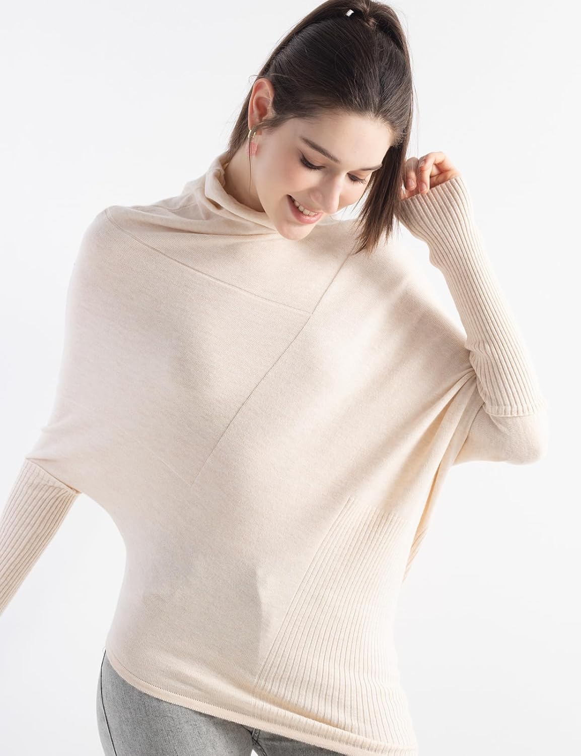 Women's Merino Wool Blend Oversized Sweater Fall Winter Turtleneck Ribbed Batwing Sleeve Asymmetrical Knit Pullover - Image 4