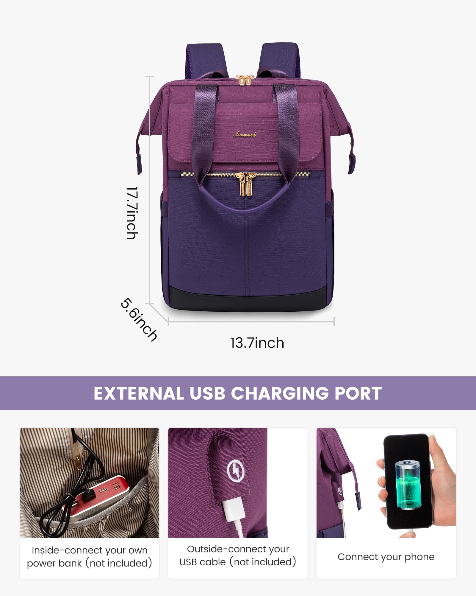 LOVEVOOK Zaino Da Donna Viola, Zaino Da Lavoro Zaino Da Città Moderno, Zaino Scuola Zaino Donna Elegante Zaino Da Giorno Borsa 2 In 1, Borsa Da Lavoro Da 15,6 Pollici Per Università, Viola E Blu