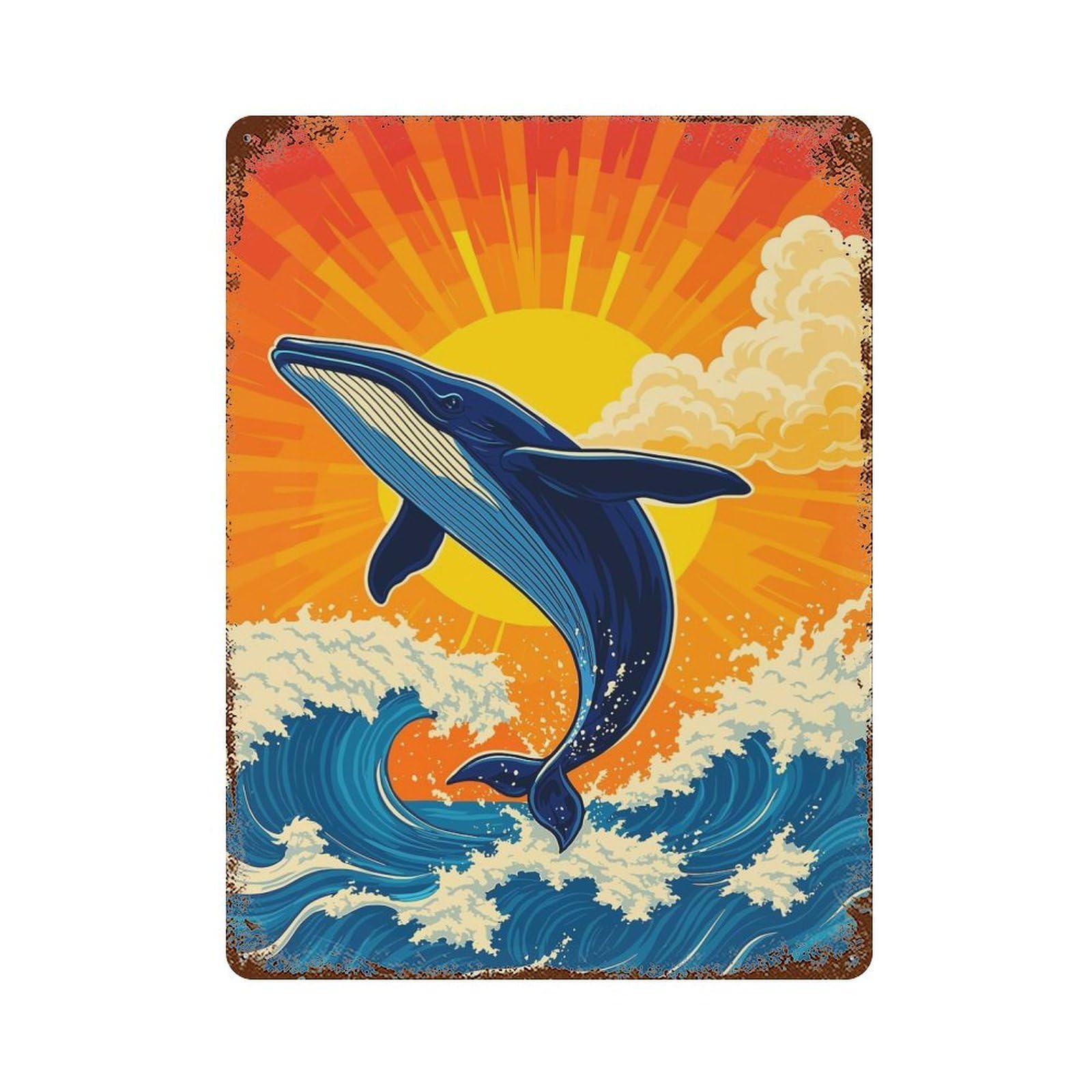 Whale Breaching Ocean Waves at Sunset Rusty Metal Tin Sign 15.7"x11.8", Classic Wall Plaque for Pub, Kitchen And Man Cave Decor