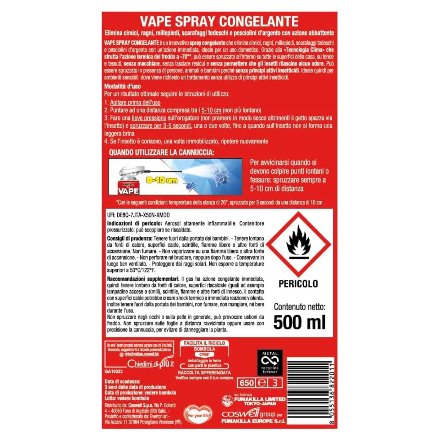 Vape Insetticida Repellente Spray Anti Zanzare, Vespe e Cimici (Vape Spray Congelante Multi Insetto, 4)