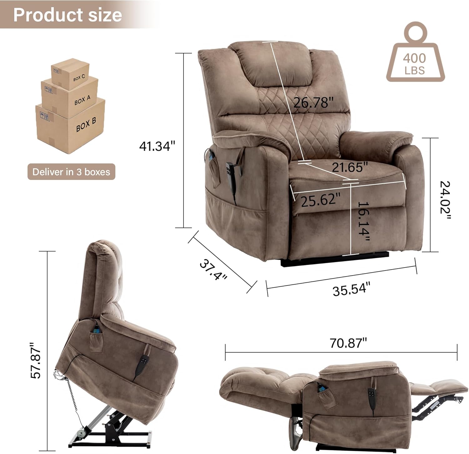 FUNECORP Power Lift Recliner Chair Recliners for Elderly,Lay Flat Velvet Tufted Recliner with Heat and Massage,Dual Motor Lounge Recliners for Living Room