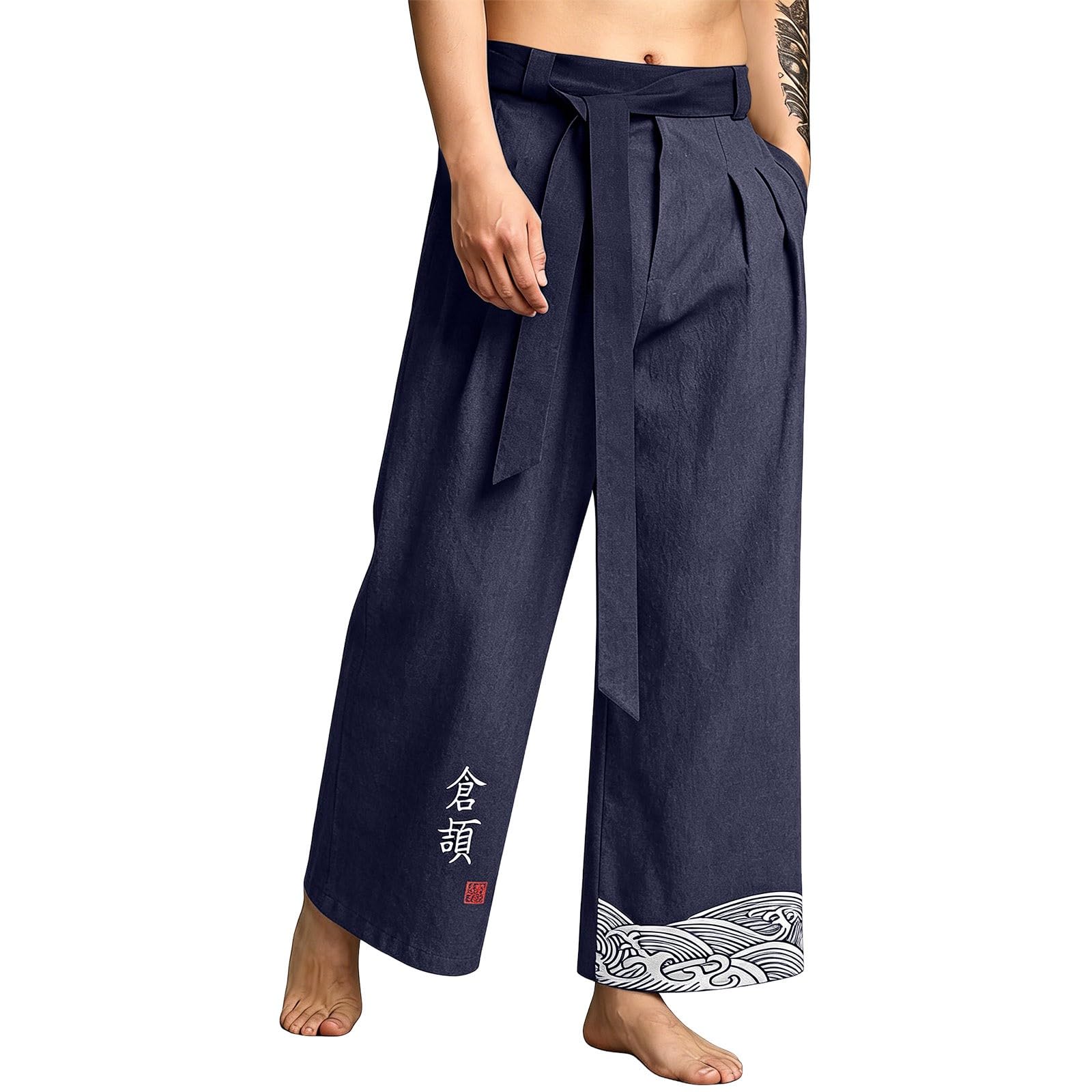 Pantaloni estivi da uomo, in lino, leggeri, larghi, per il tempo libero, estivi, lunghi, stile kimono, pantaloni da spiaggia, eleganti pantaloni da danza, abbigliamento tradizionale giapponese