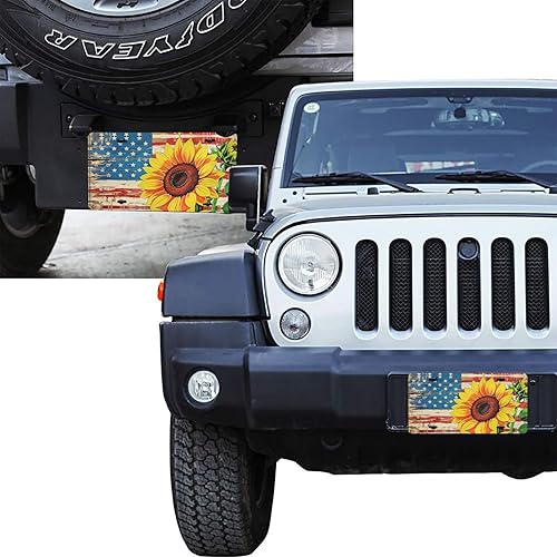 Miniatura 7 de Placa de matrícula frontal retro con bandera estadounidense de girasol para mujer, placas decorativas de aluminio de metal, bonita cubierta de