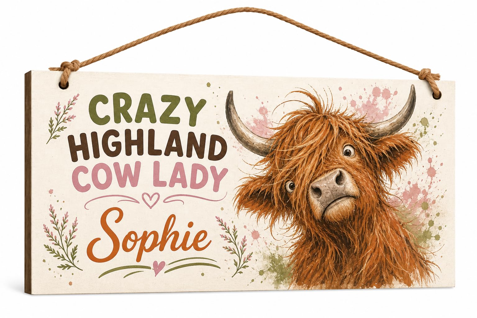 Personalised Crazy Highland Cow Lady Plaque Funny Wall Sign Gift
