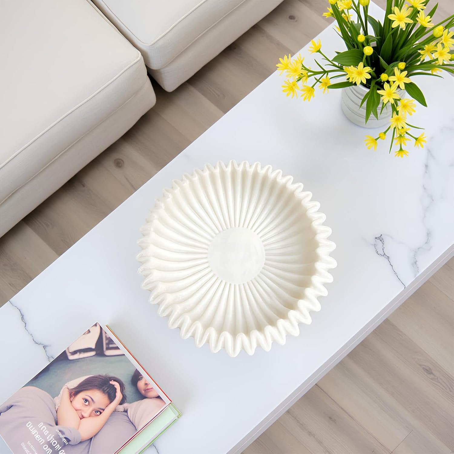 Braxio Decorative Bowl Modern Home Decor – Resin Ruffle Bowl Decorative Catchall for Entryway Dining Table Living Room Centerpiece Key Holder Fruit Bowl 9 x 9 x 2.6 Inch Art Deco Style