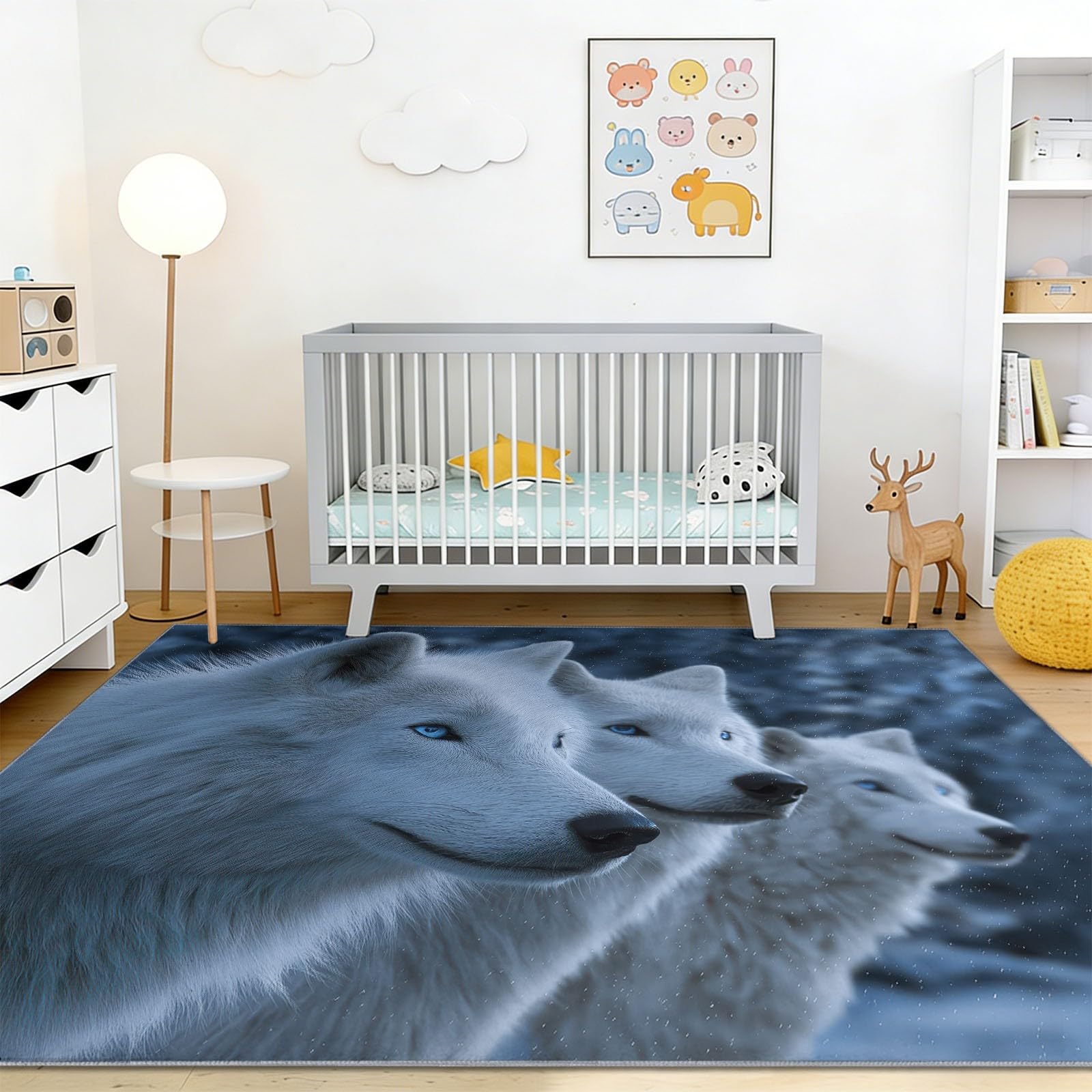 Tappeto per la cameretta dei bambini, motivo: lupo mitico nella pineta, tappeto lavabile, antiscivolo, a pelo basso, morbido, idea regalo, 80 x 150 cm, bianco