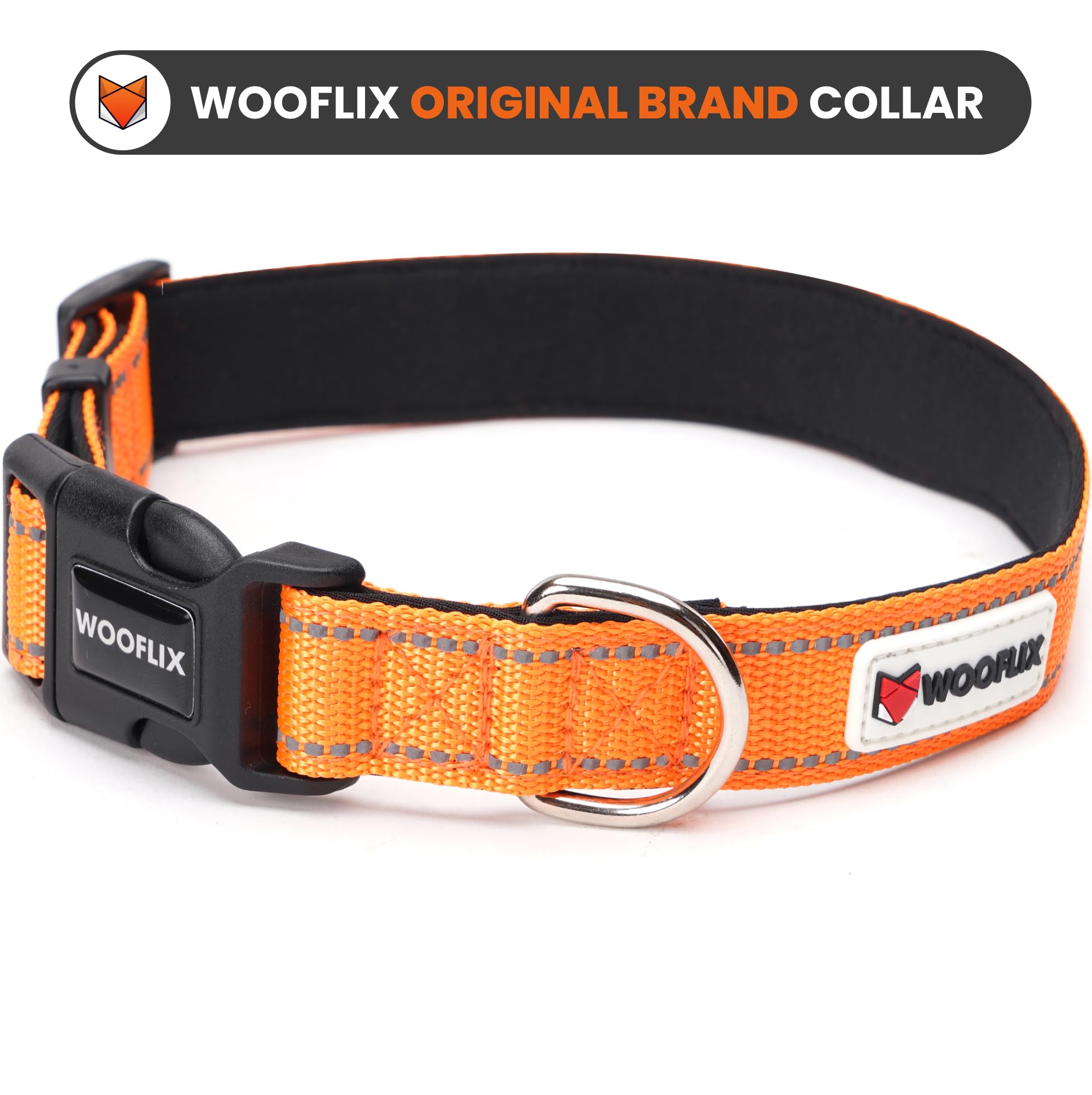 WOOFLIX Reflective Dog Collar For Training And Walks|Adjustable Nylon Training Collar With Tactical Buckle And D-Ring For Medium And Large Dogs|Reflective Dog Collar|(Large, Orange, 13 Cm X 15 Cm)