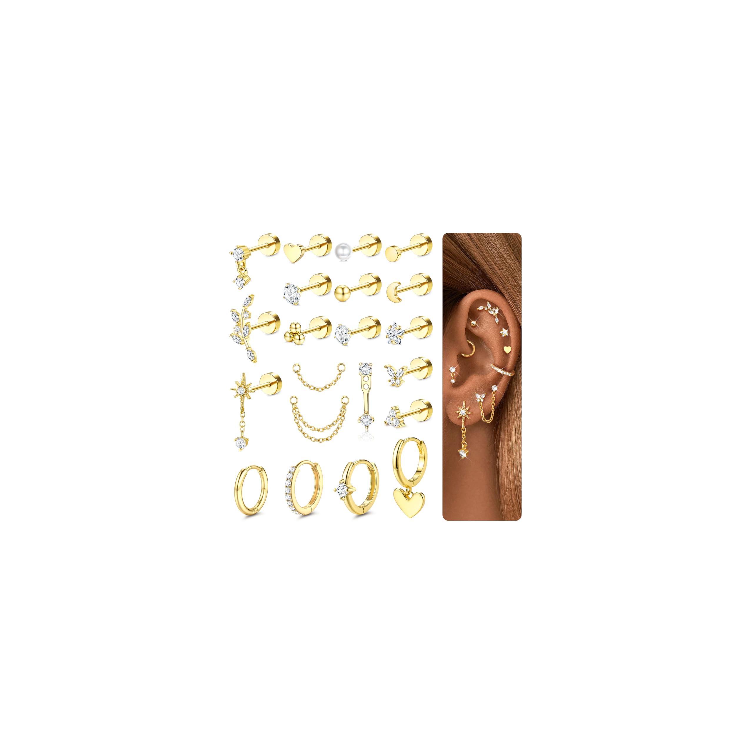 CASSIECA 21Pcs Piercing Ohr Chirurgenstahl Helix Piercings Gold CZ Blume Creolen Ohrstecker Ohrringe Set Damen Knorpel Ohrringe Tragus Conch Helix Piercing Ohr Gold Schmuck