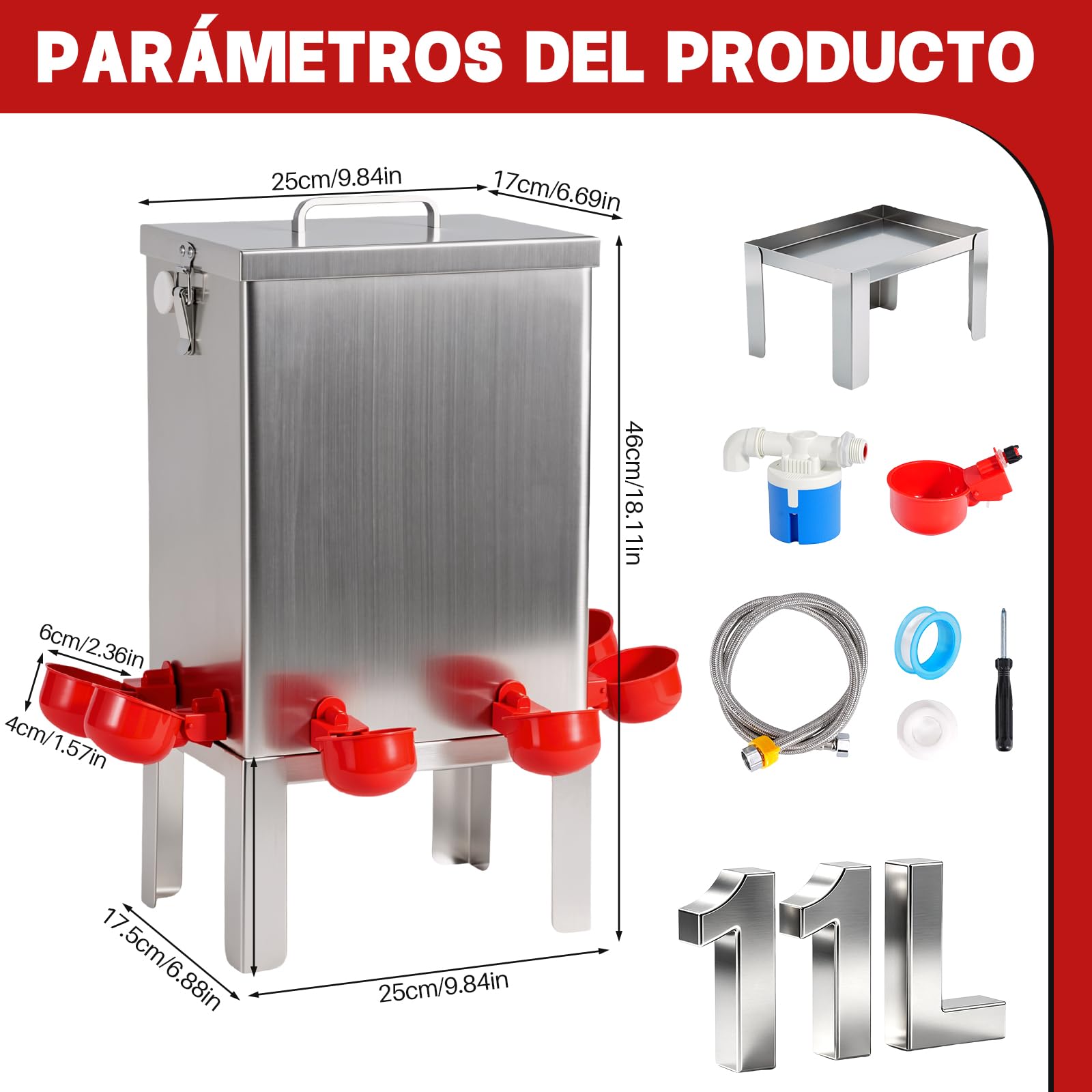 Bebedero Automático para Aves de Corral 10L, Acero Inoxidable con Válvula de Flotador, Soporte de Suelo y Manguera, Bebedero para Gallinas, Codornices, Patos, Gansos y Pavos